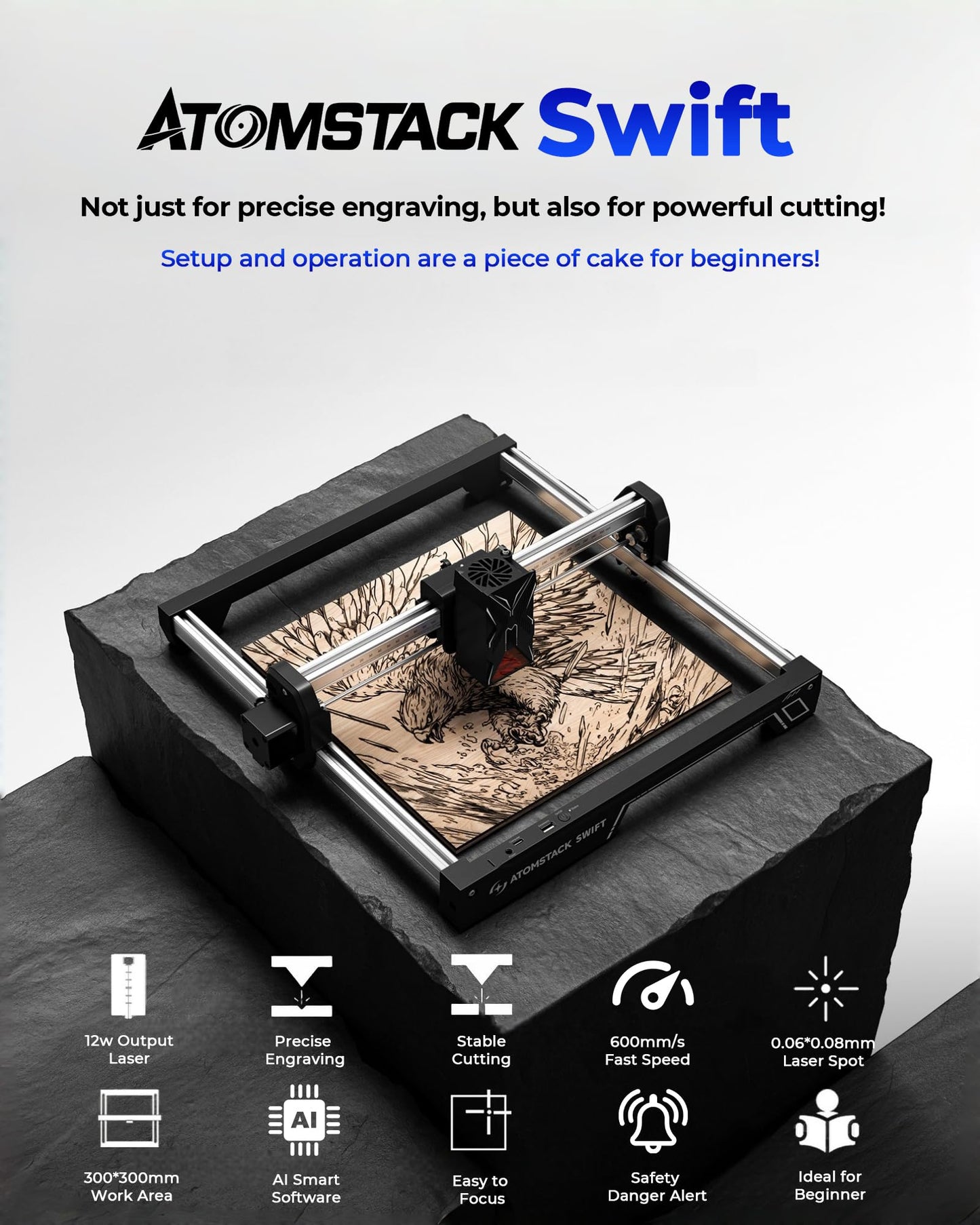 ATOMSTACK Swift Laser Engraver for Beginners, 12000mW Output Laser Cutter, Laser Class 4, 300×300mm Working Area, 0.08mm Accuacy Engraving Machine for Wood, Leather, Coated Metal, Acrylic (Swift 12W)