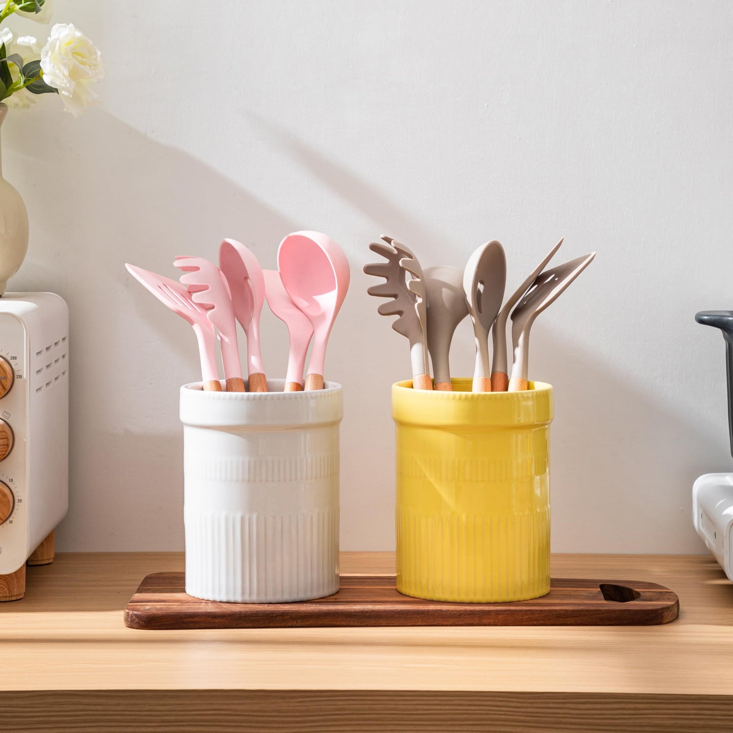 SIEBOLD Utensil Holder, Sturdy Ceramic Stripes Utensils Crock for Kitchen Countertop, Large Cooking Utensil Crocks for Kitchen Counter, Morden Utensil Organizer for Spatula