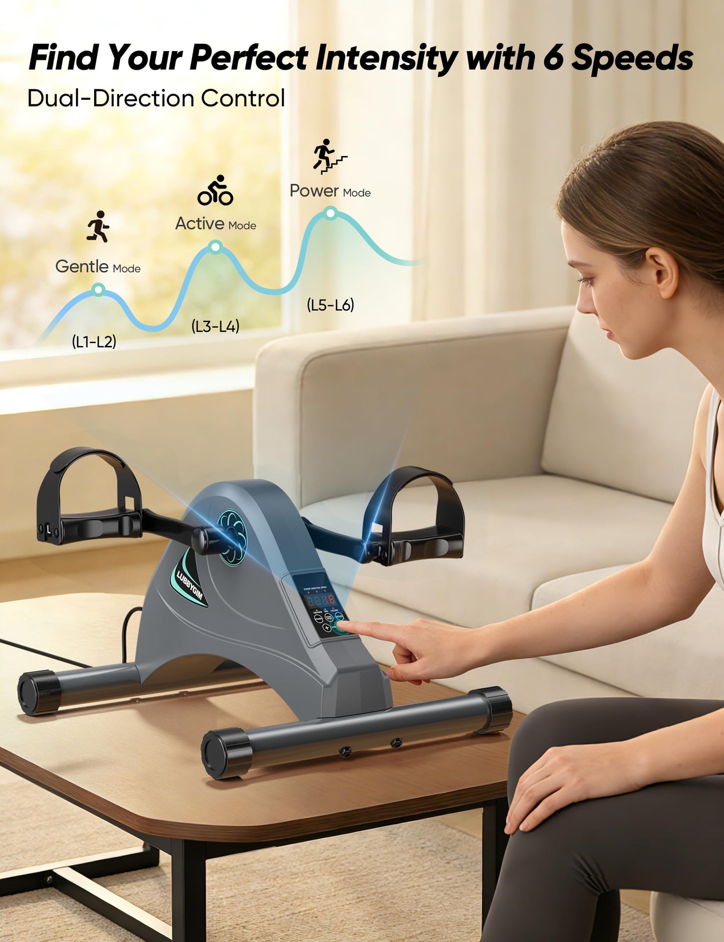 LUBBYGIM Mini Exercise Bike, Under Desk Bike Pedal Exerciser for Seniors & Physical Therapy, Electric Motorized Foot Pedal Machine for Arm and Leg Fitness, 6 Speed Levels