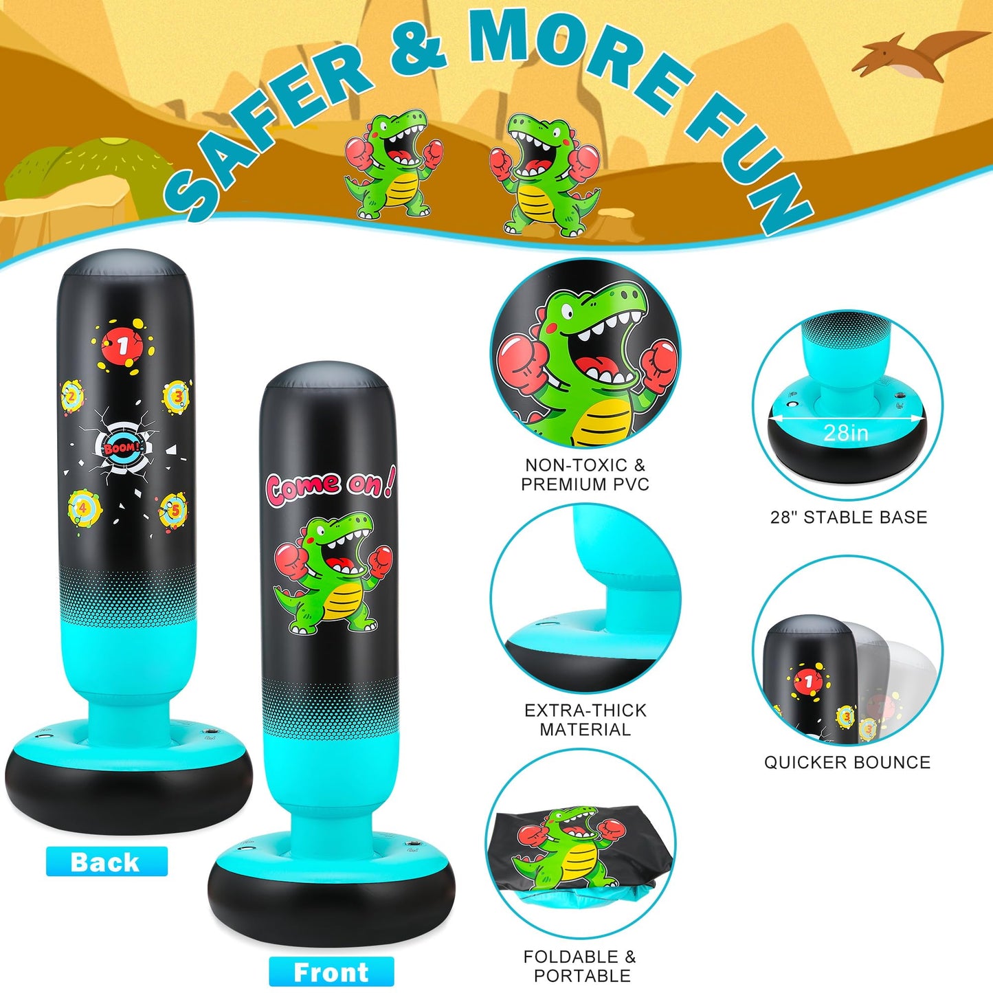 EIVONDA Punching Bag for Kids 65" Inflatable Dinosaur Kids Punching Bag with Boxing Gloves Boxing Bag Set with Pump Dinosaur & Hitting Target Pattern 2 in 1 Birthday Gifts for Boys & Girls Age 3-12