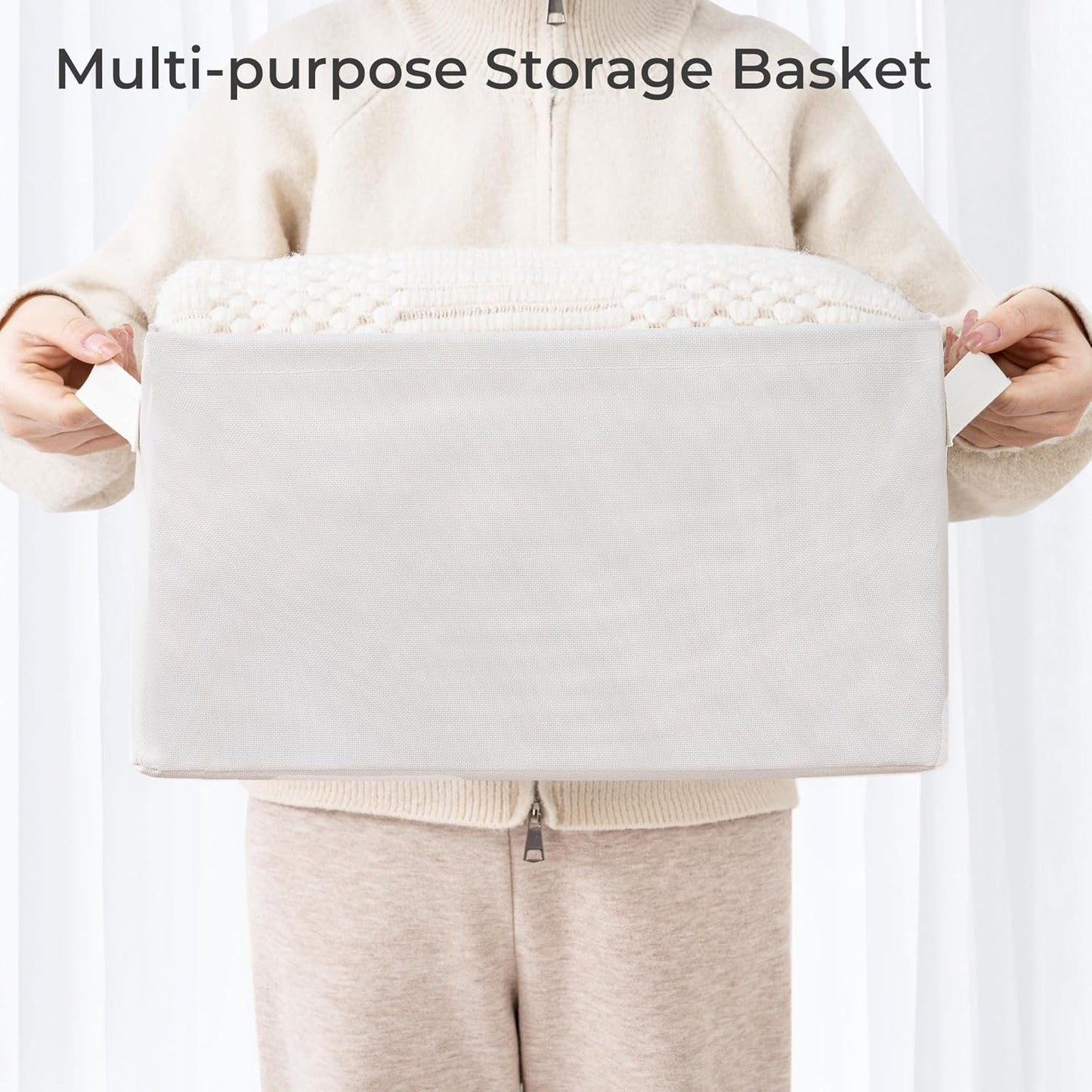 Storage Basket Bins - Large Collapsible Fabric Organizers with Metal Frame | 3-Pack Beige for Home & Office