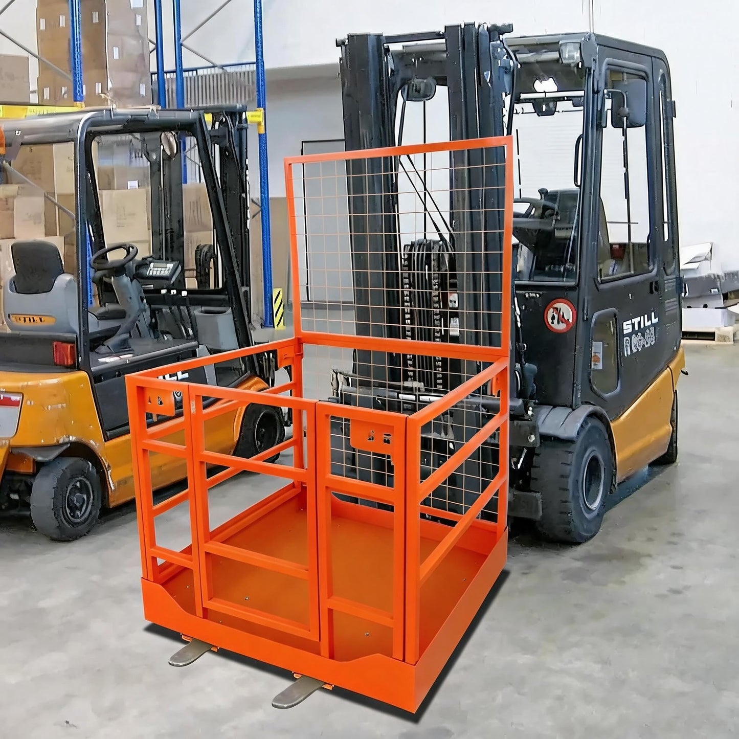 43"x45" Collapsible Forklift Safety Cage, 1800LBS 2-Man Forklift Man Basket Work Platform with Safety Harness & Lock, Forklifts Aerial Lift Basket for Lifting Loader