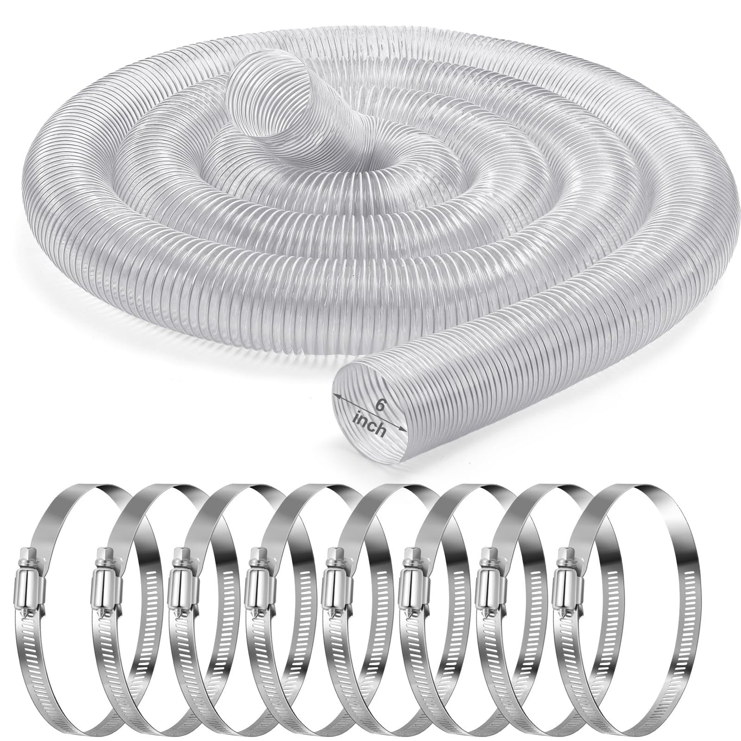 Yaocom 6 Inches 30 ft PVC Dust Collection Hose with Stainless Steel Clamps Set Flexible Clear Vacuum Puncture Resistant Fume Hose for Vacuums Cleaner Fume Dust Collection System (White)