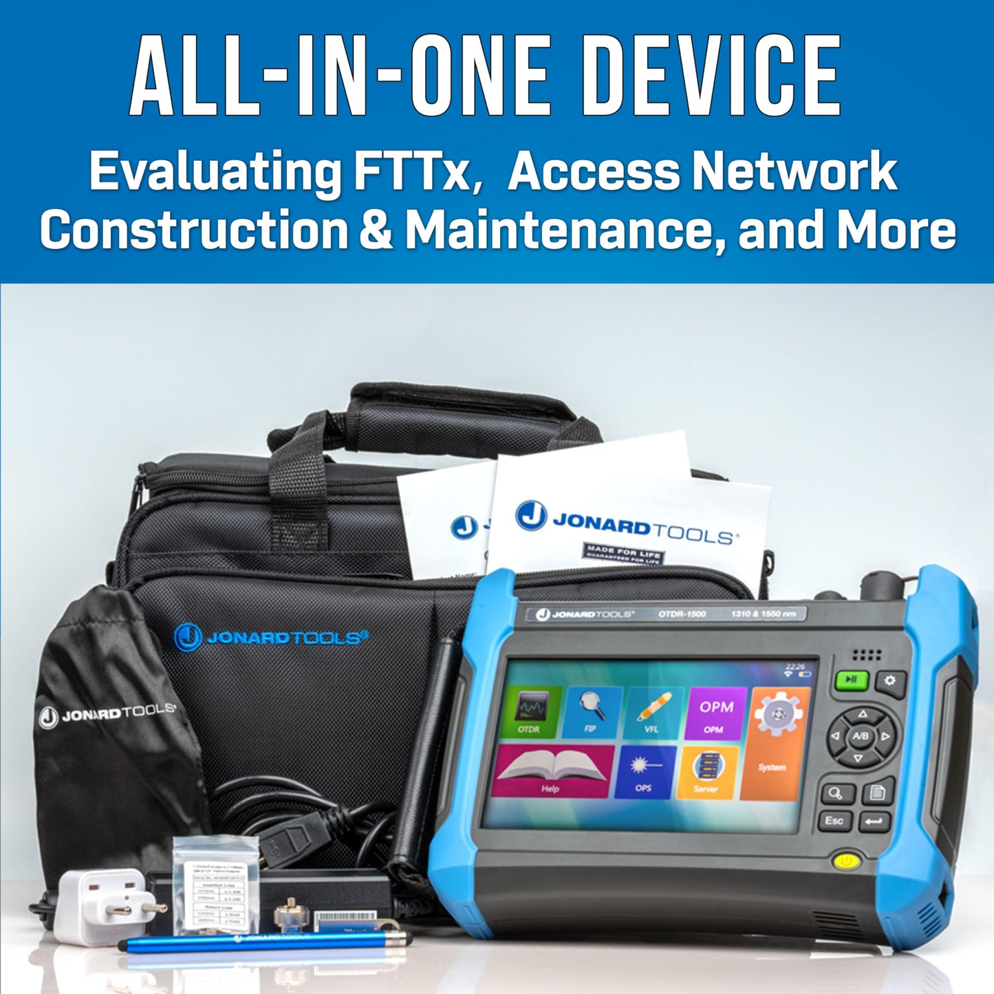 Jonard Tools OTDR-1500 Professional Multi-Function OTDR - Dynamic Range of 32/30, 7" Color Touch Screen, Dual Wavelength Fiber Tester, VFL, OPM Optical Power Meter, Wi-Fi, Adapters Included
