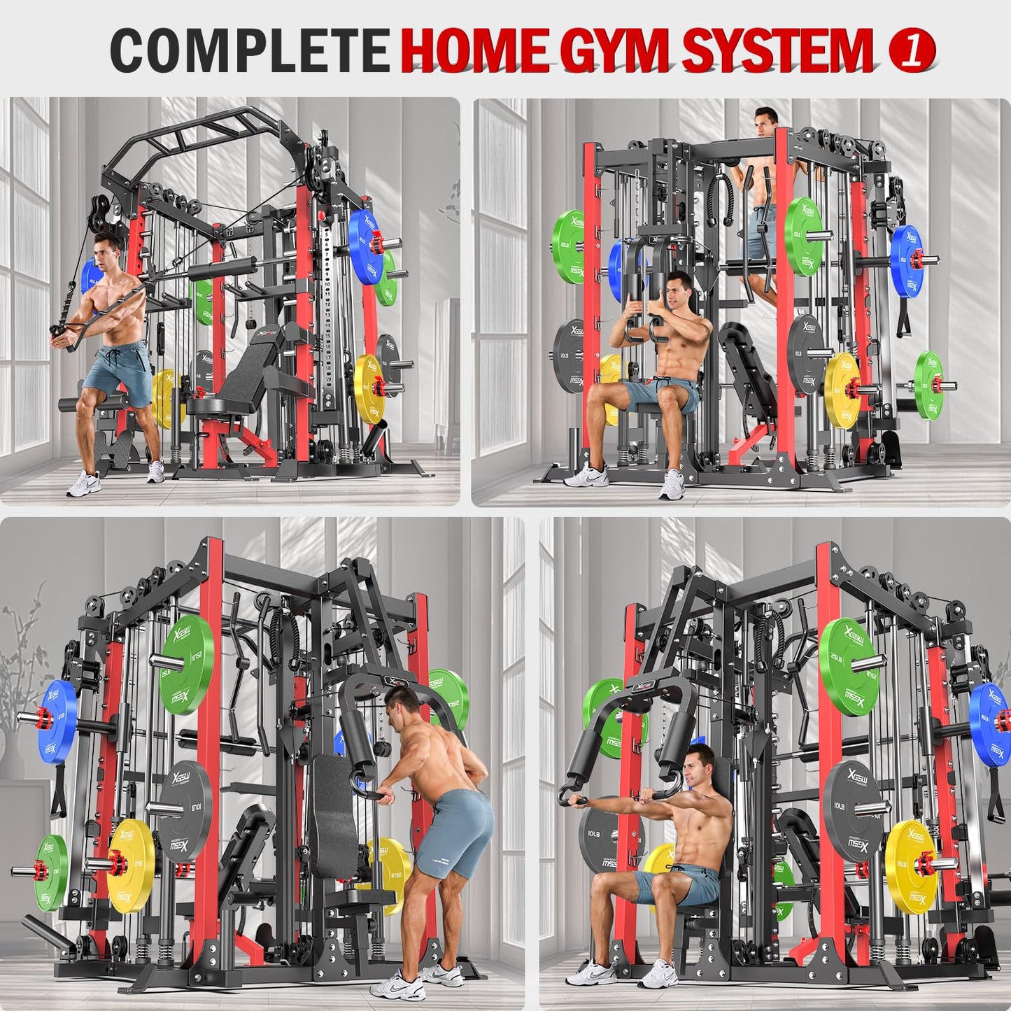 Smith Machine with Cable Crossover System, Multi-Function Squat Rack Power Cage for Home Gym, Power Rack and Packages Weight Sets (Red, L07-Smith Machine+Bench+(Pole+Cast lron) 341LBS)