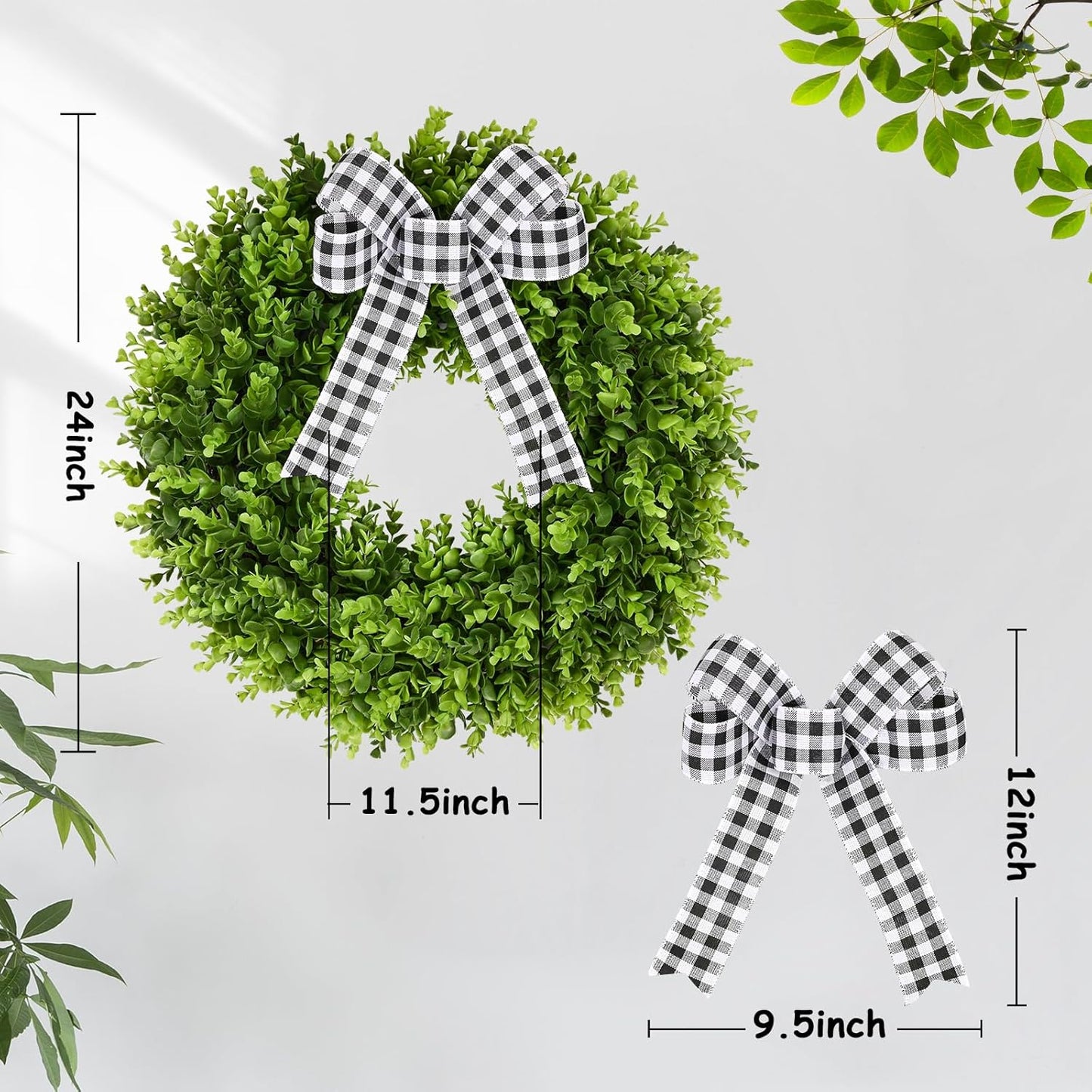 Vlorart 20" Faux Round Boxwood Wreath - Large Artificial Greenery with Plaid Bow for Door & Wedding Decor