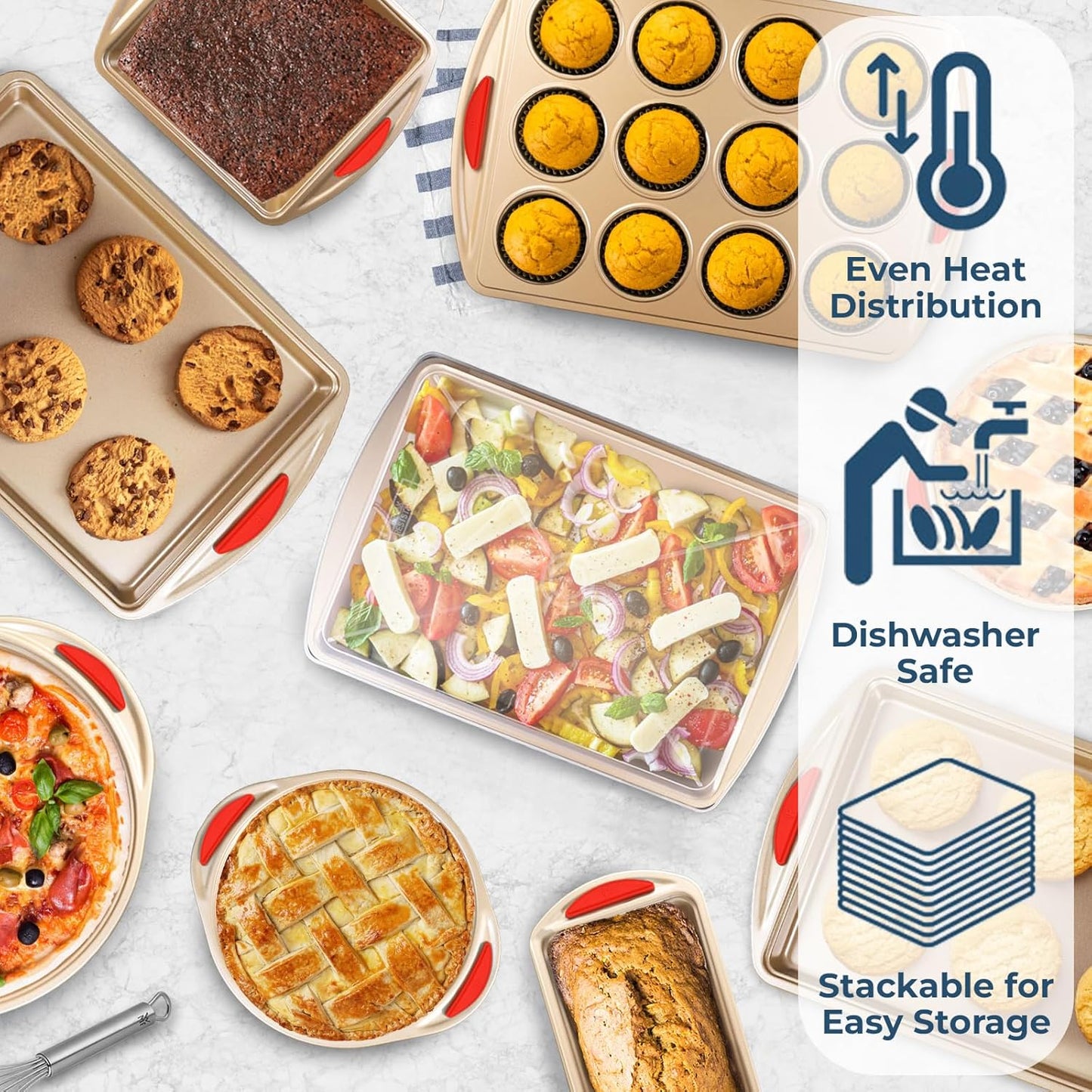 Perlli 10-Piece Baking Set - Nonstick Gold Steel Bakeware with Silicone Handles | Includes Cookie Sheets, Cake Pans, and More