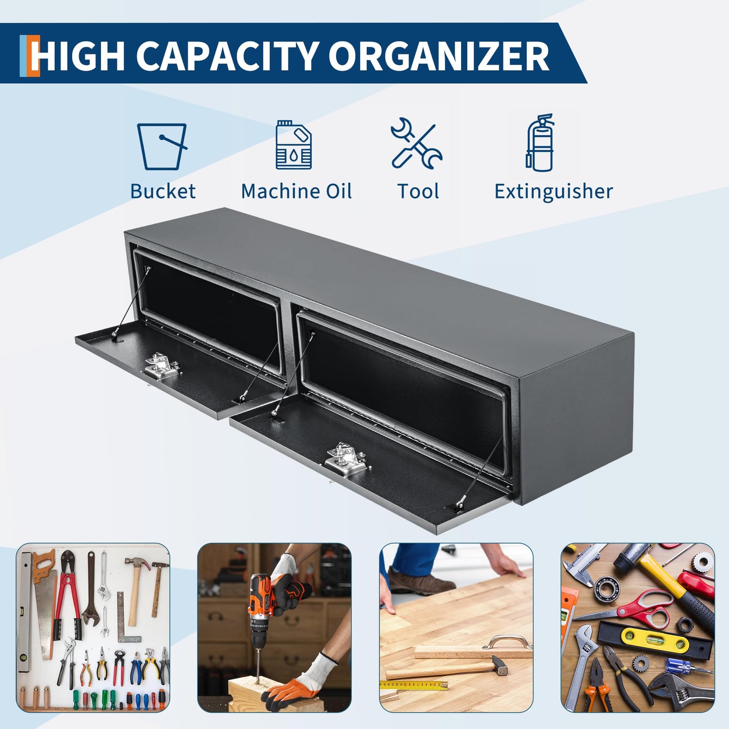 GarveeTech Black Steel Underbody Truck Tool Box with t-Handle Lock Latch, Truck Storage Organizer Tool Box Chest, Heavy Duty Under Body Toolbox for Pick Up, Truck, RV, Trailer，60 x 16 x 13 Inch