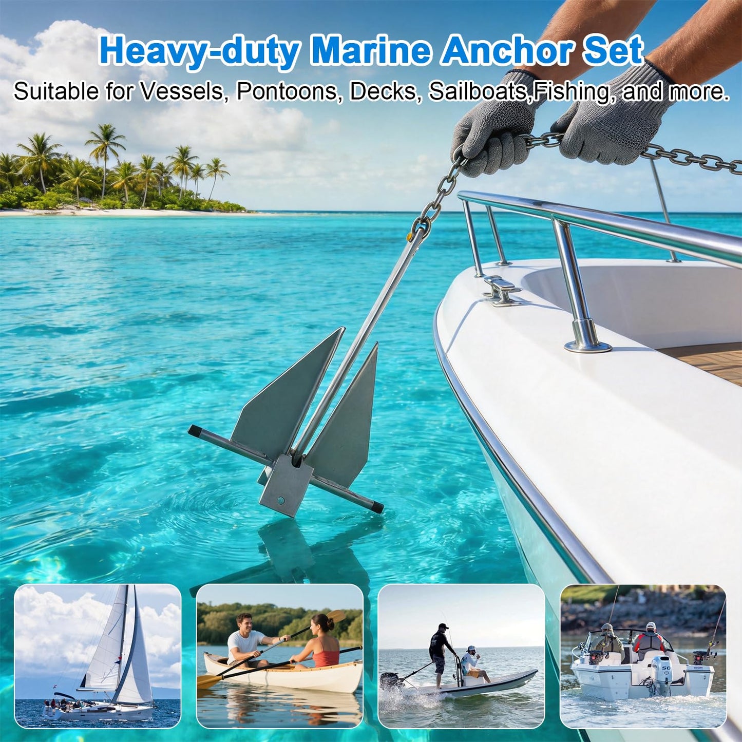 ZYLTHORN Heavy Duty Hot-Dipped Galvanized Danforth Anchor Kit for Boats - 5/8/10/13/18/25lb Fluke Anchor with Chain, Shackles & Rope, Ideal for Pontoon, Fishing & Sail Boats (18lb: Fit 31-35 FT Boat)