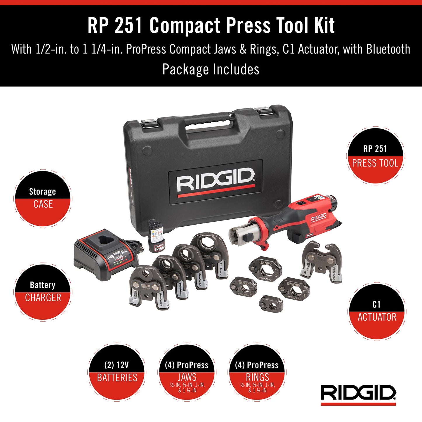 RIDGID 78208 RP 251 Compact Press Tool Battery Kit with ProPress Rings and Jaws (1/2" to 1-1/4") and C1 Actuator, In-Line Pressing Tool for Copper, Stainless Steel, PEX, and Carbon Steel