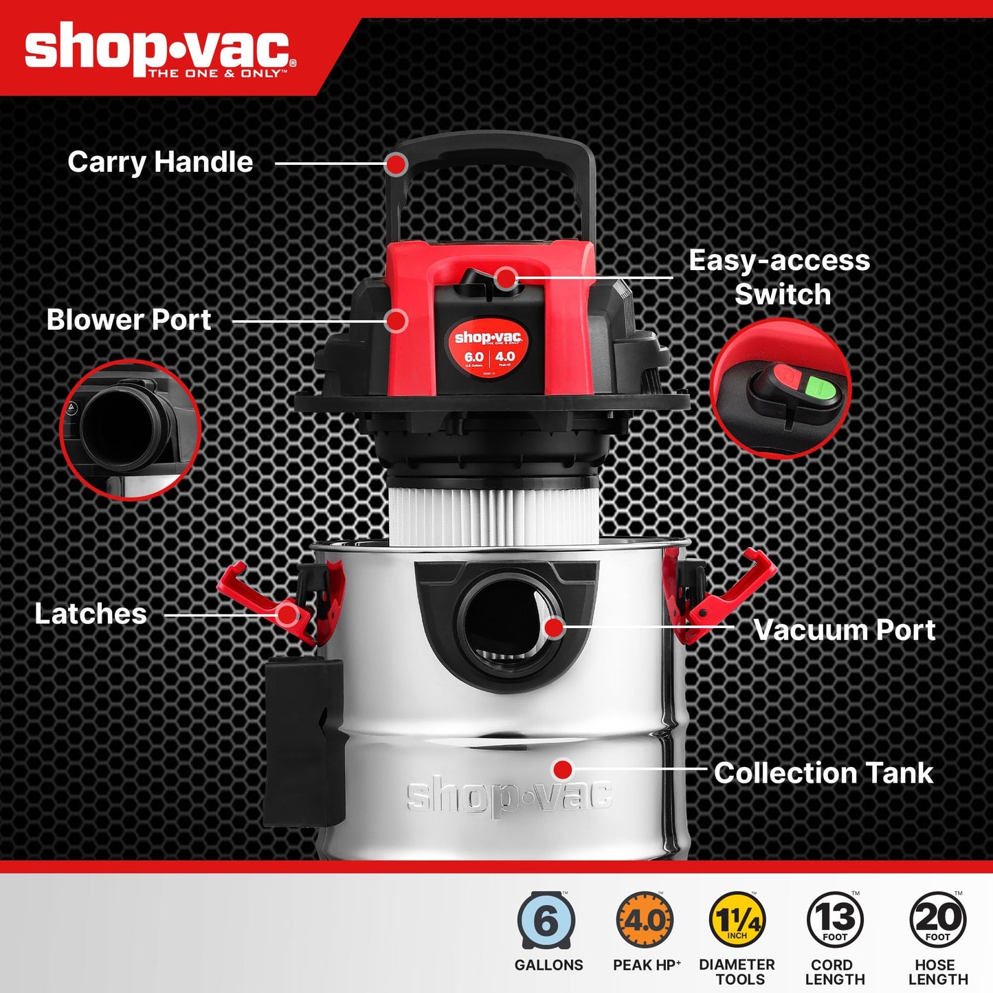 Shop-Vac 6 Gallon 4.0 Peak HP Wet/Dry Vacuum, Wall Mountable Compact Shop Vacuum with Up to 20 ft Extra Long Hose & Accessories - Ideal for Jobsite, Garages, Car & Workshops