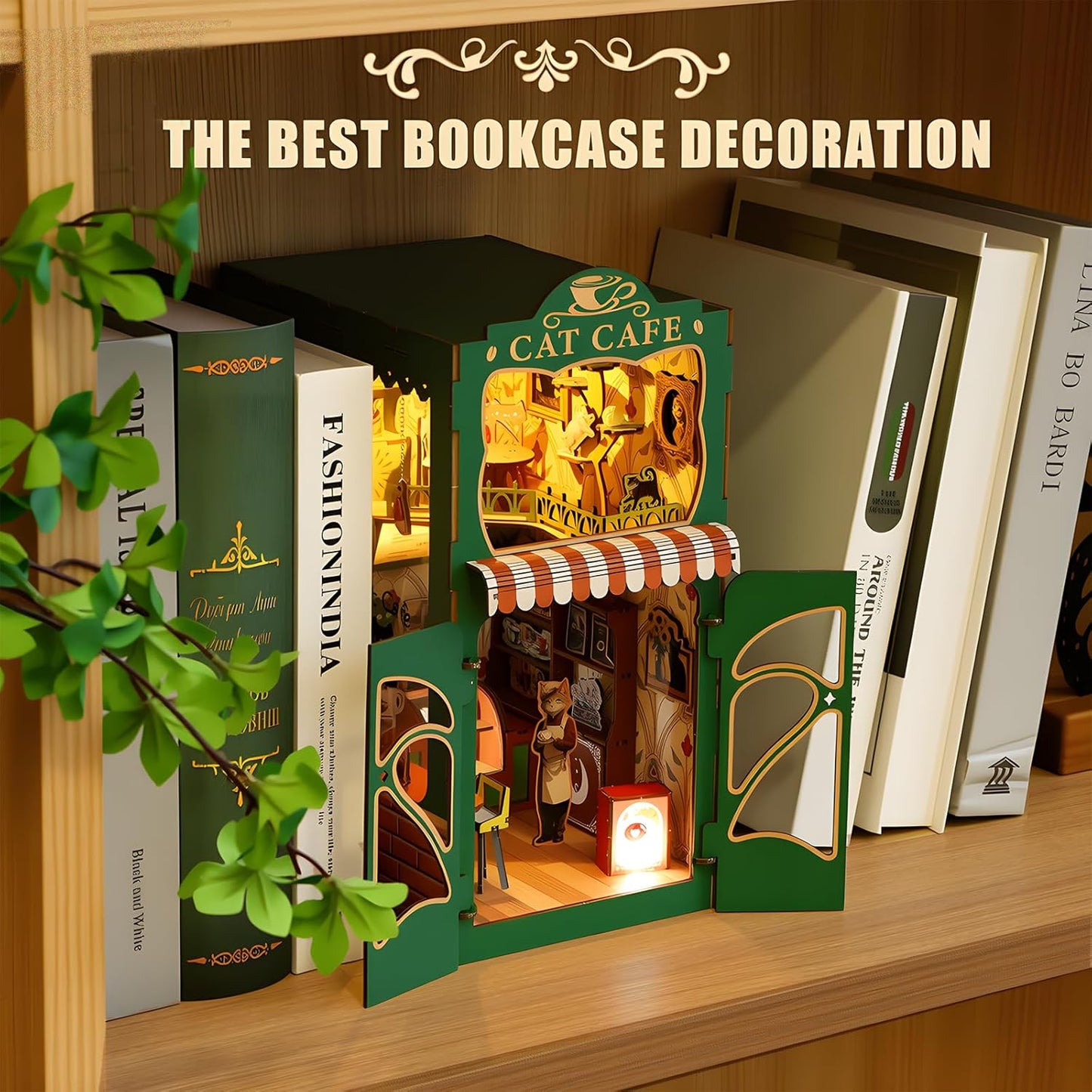 Skiennix Book Nook Kit - DIY Miniature Cat Cafe House for Adults & Teens | 3D Wooden Puzzle Decor
