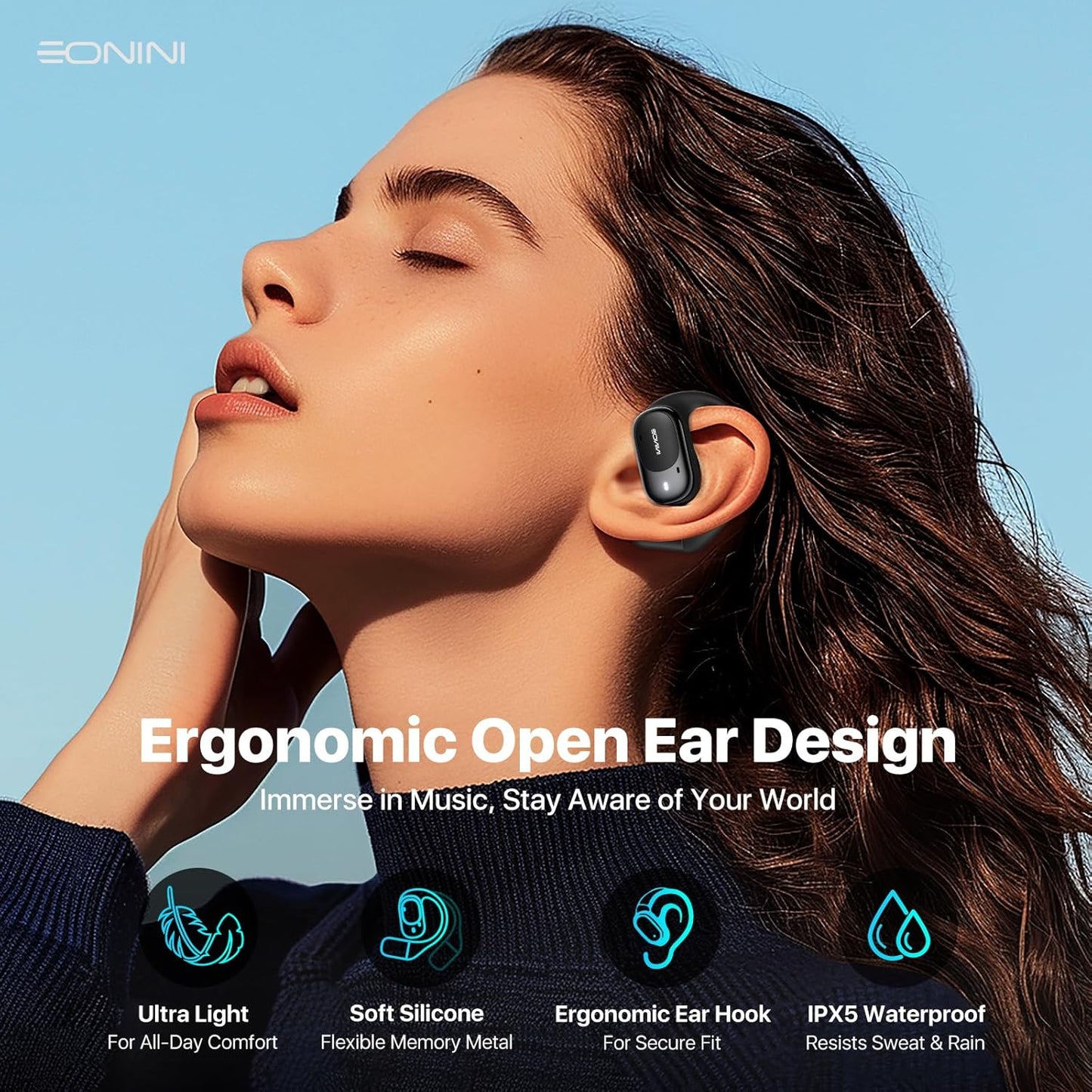 40H IPX5 5.3 Eonini Open-Ear Earbuds with Earhooks, LED Display Case, Lightweight & Secure Fit, All-Day Comfort