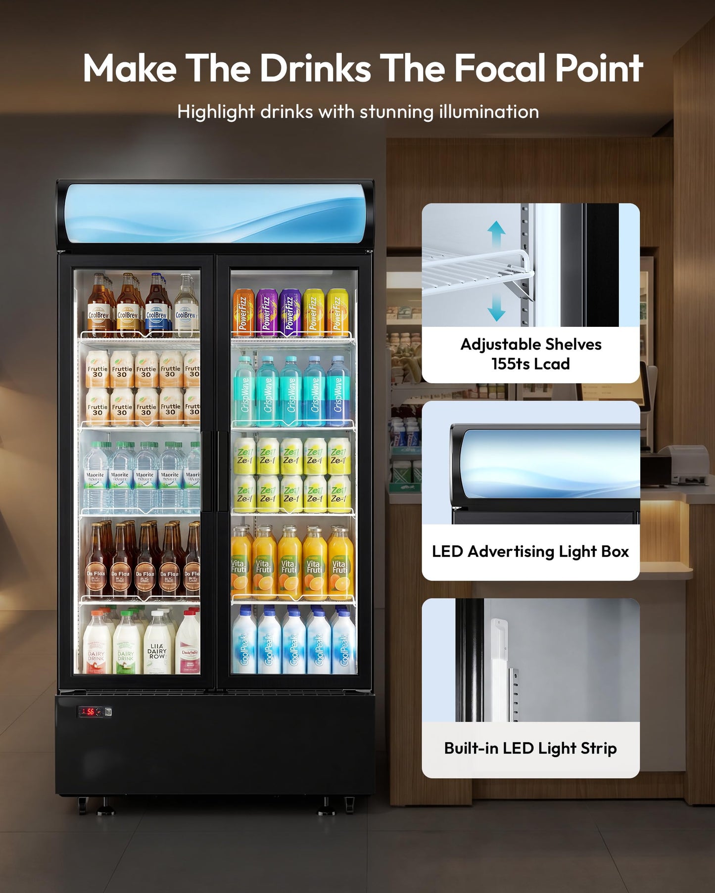 ICEVIVAL 20 cu.ft Beverage Fridge, Commercial Refrigerators with LED Light, 2 Glass Door Drink Merchandiser with 8 Adjustable Shelves, 32-50°F Digital Control ETL Certified Black