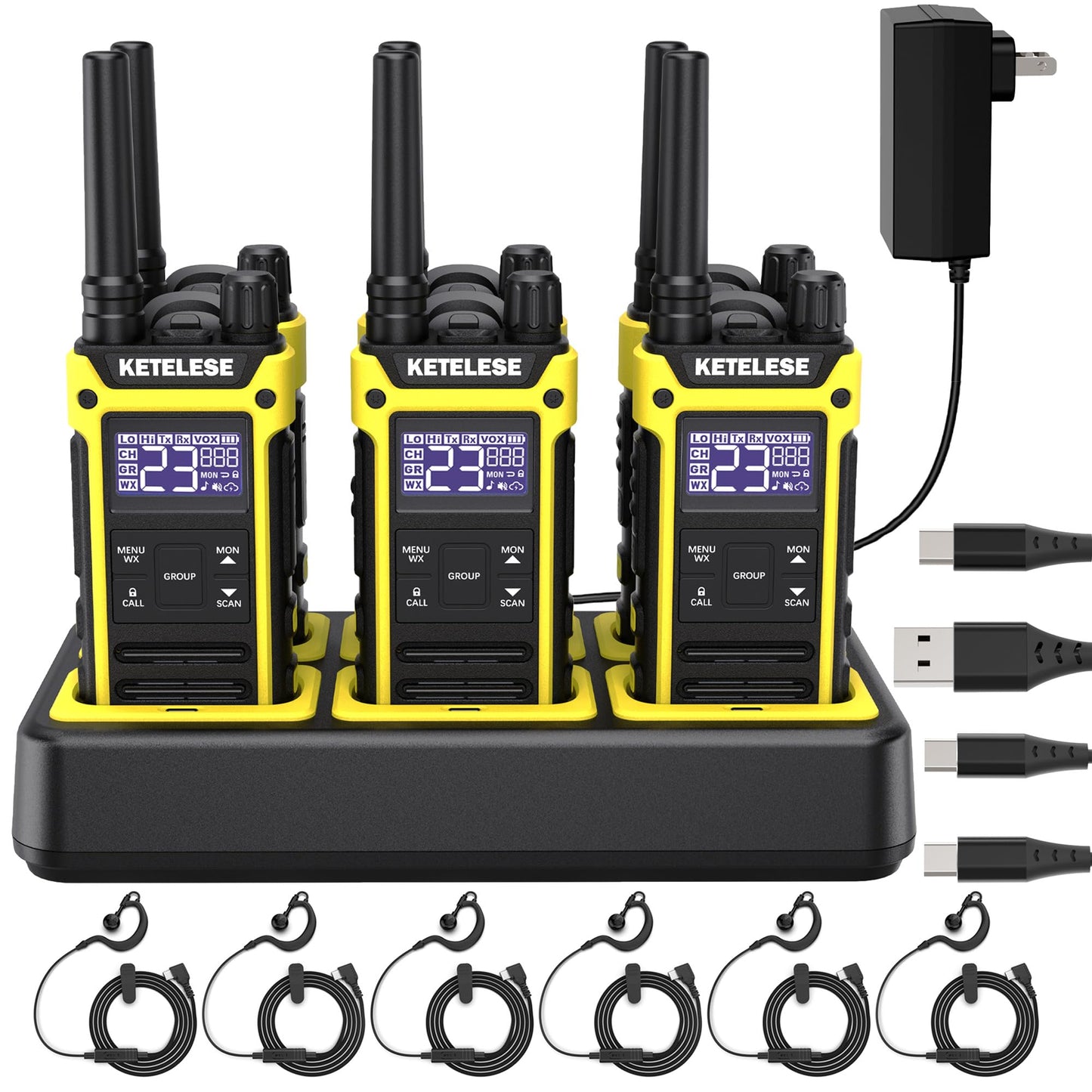 KETELESE T3F Walkie Talkies 6 Pack for Adults, IP67 Waterproof 2 Way Radios Rechargable, with Earpiece and Mic, Shock Resistant, Dual PTT, One Key Group Call, VOX, NOAA&Wheather Alert, Black/Yellow
