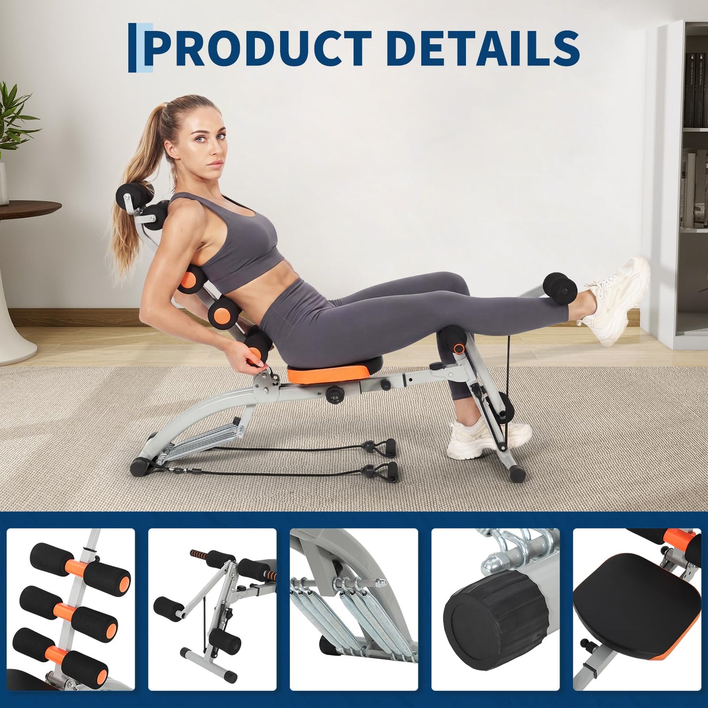 Multifunctional Ab Machine, Adjustable Sit Up Bench, Core Workout Bench for Abdominal Training, Foldable Home Gym Fitness Equipment with Ergonomic Back Support, Full Body Exercise