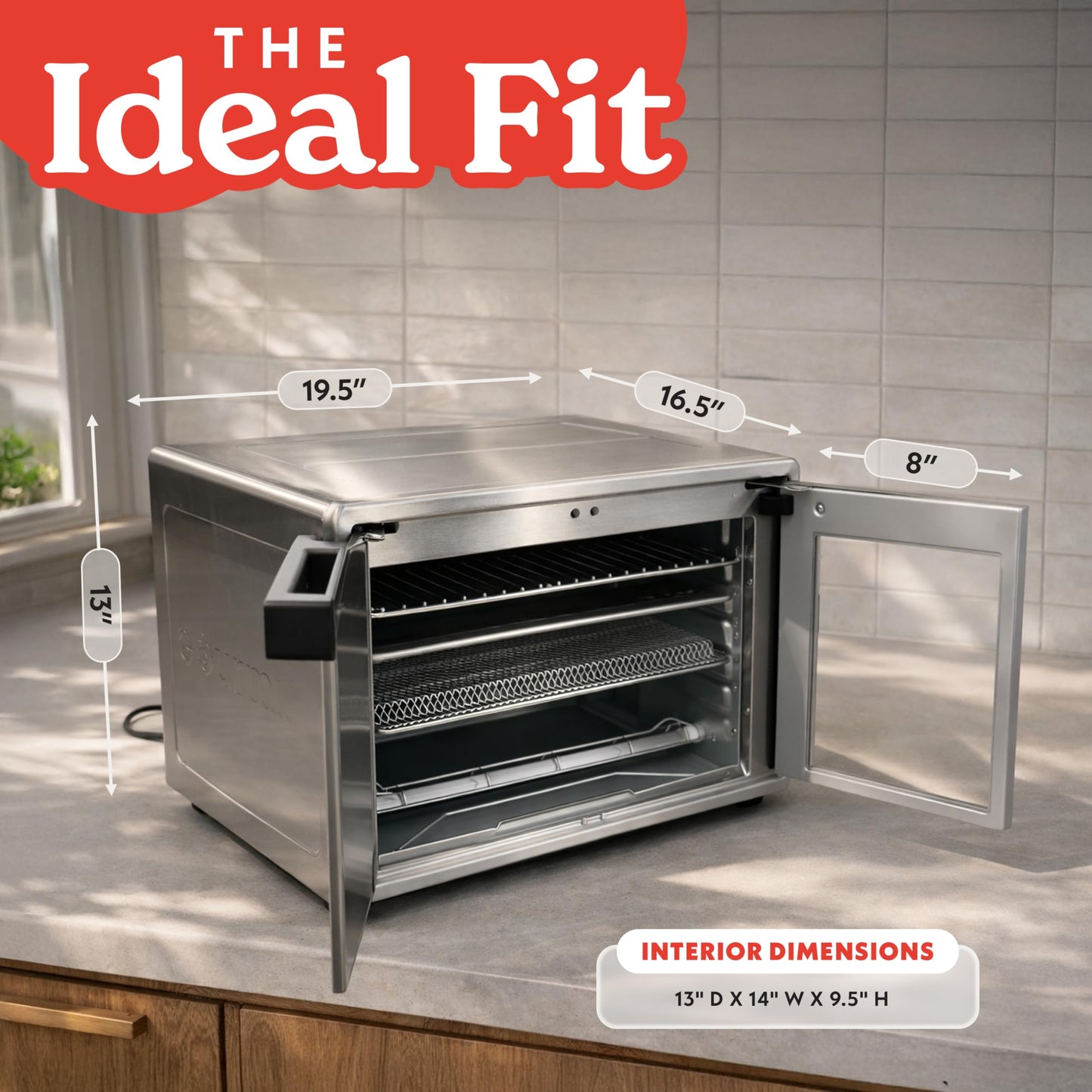 Gourmia French Door Air Fryer Oven - 37 Qt Large Capacity Convection Toaster Oven, FryForce 360°, Digital Display, 12 Cooking Presets, Dehydrate, Fits 13” Pizza, Dishwasher-Safe, Stainless Steel