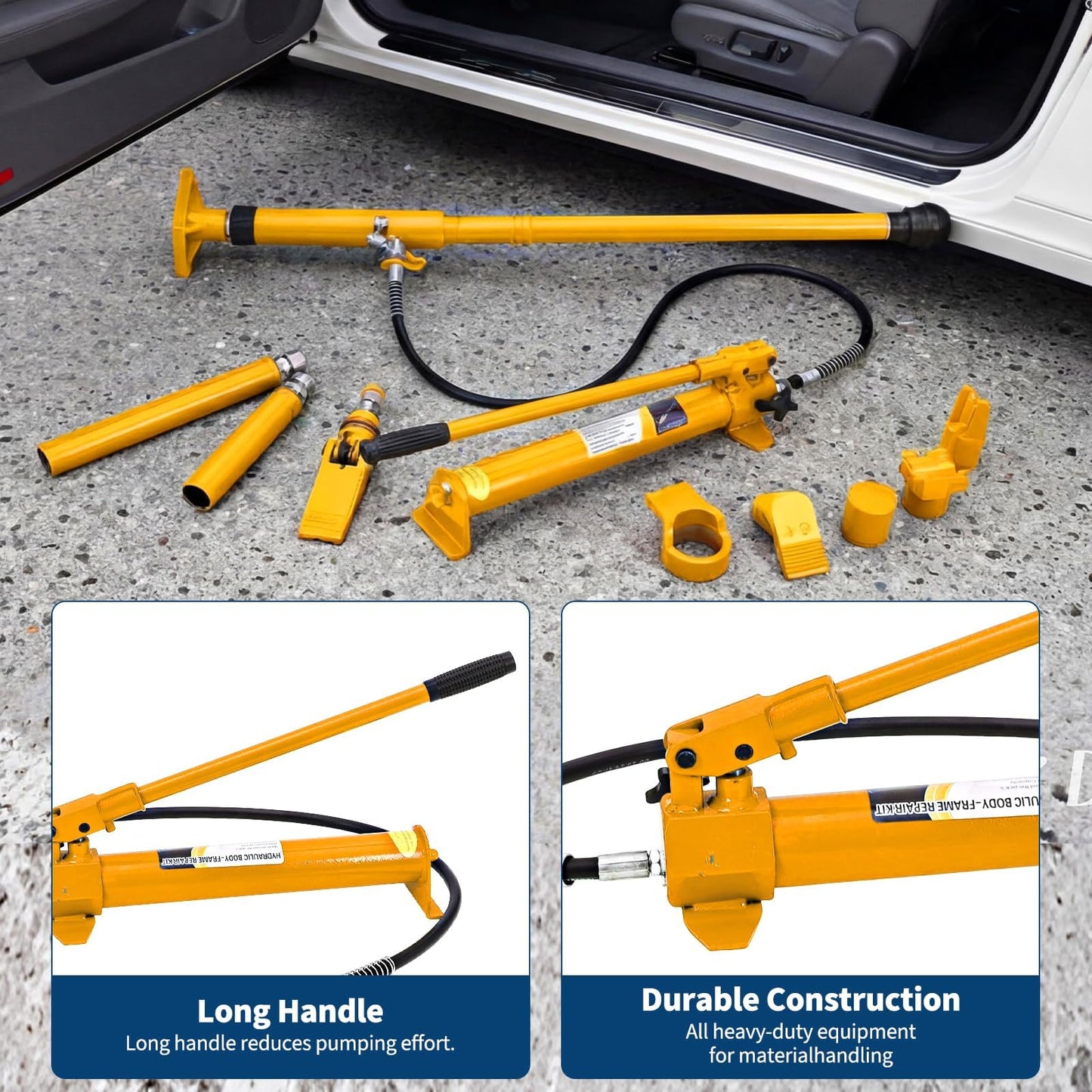 12 Ton Porta Power Hydraulic Jack Kit, Multifunction Auto Body Frame Repair Tool Set with 4.6 ft Oil Hose, Heavy-Duty Ram Spreader Attachments, Blow-Molded Storage Case for Car/Truck/Garage, Yellow