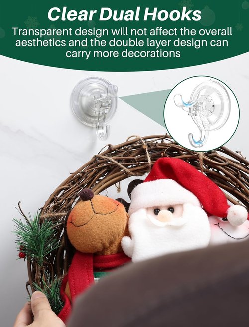 Heavy Duty Suction Cup Hooks - 5 Pack Wreath Hangers for Front Door | Removable Garland Hanger Holds 11 Lbs