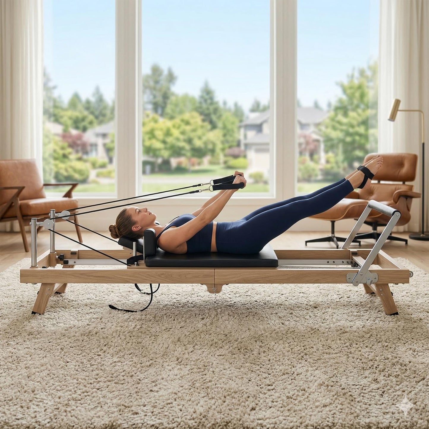 75" Foldable Pilates Reformer Machine for Home Use, Professional Stainless Steel with Wood-Grain Finish, Hybrid Resistance (Springs & Latex), Wellness Gift for Petite Women up to 5'9"