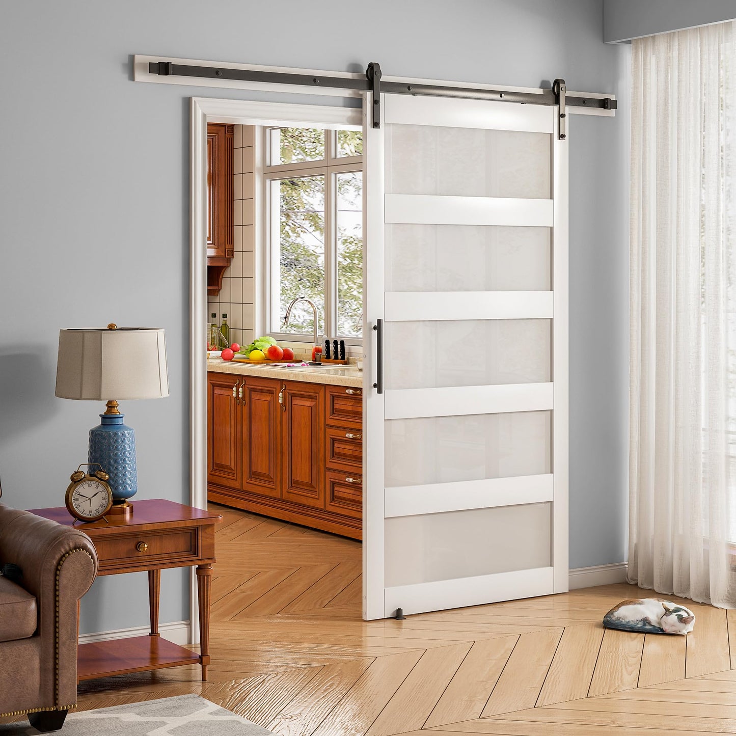 OHTOMO 36 in x 84 in Sliding Barn Door, 5-Lite Frosted Glass Door with 6.6FT Hardware Kit, Floor Guide Included, Waterproof PVC Surface, Pre-Drilled Holes, Need Assembly for Bathroom Kitchen White