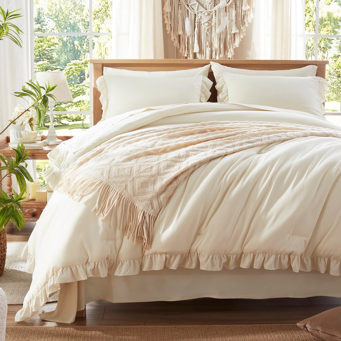 Anluoer King Comforter Set 7 Piece, Cream Bed in a Bag with Sheets, All Season Ruffle Shabby Chic Bedding Sets with 1 Comforter, 2 Pillow Shams, 2 Pillowcases, 1 Flat Sheet, 1 Fitted Sheet