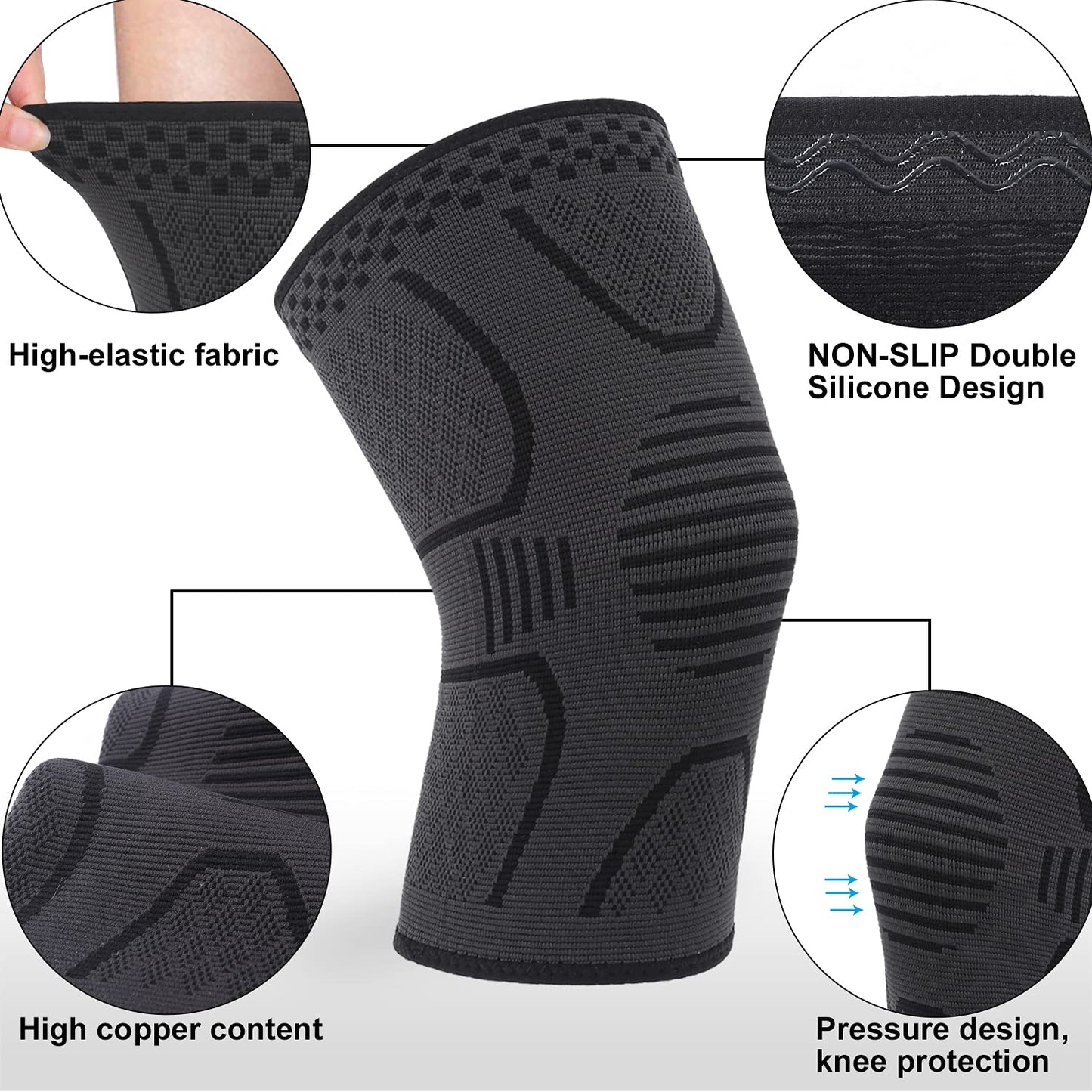 Double Couple 2 Pack Copper Knee Brace Knee Compression Sleeve Support for Men Women Knee Pain Working Out Running Sport Arthritis(Black&Dark Grey,Medium)