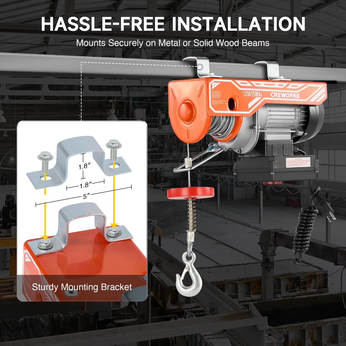 CREWORKS Electric Hoist, 2500lbs Electric Hoist with 328ft Wireless Remote Control 39ft Single Cable Lifting Height, 1800W Single Double Slings Hoist Lift Ceiling Winch for Factory Warehouse Garage