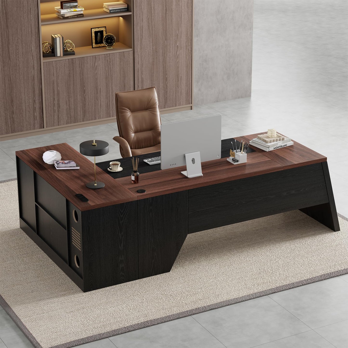 Epecoya L-Shaped Executive Desk with Drawer, 78-Inch Large Home Office Desk with Cord Hold and Power Outlet, Modern Computer Table with Lateral File Cabinet,Open Shelf and PC Stand, Walnut Brown Black