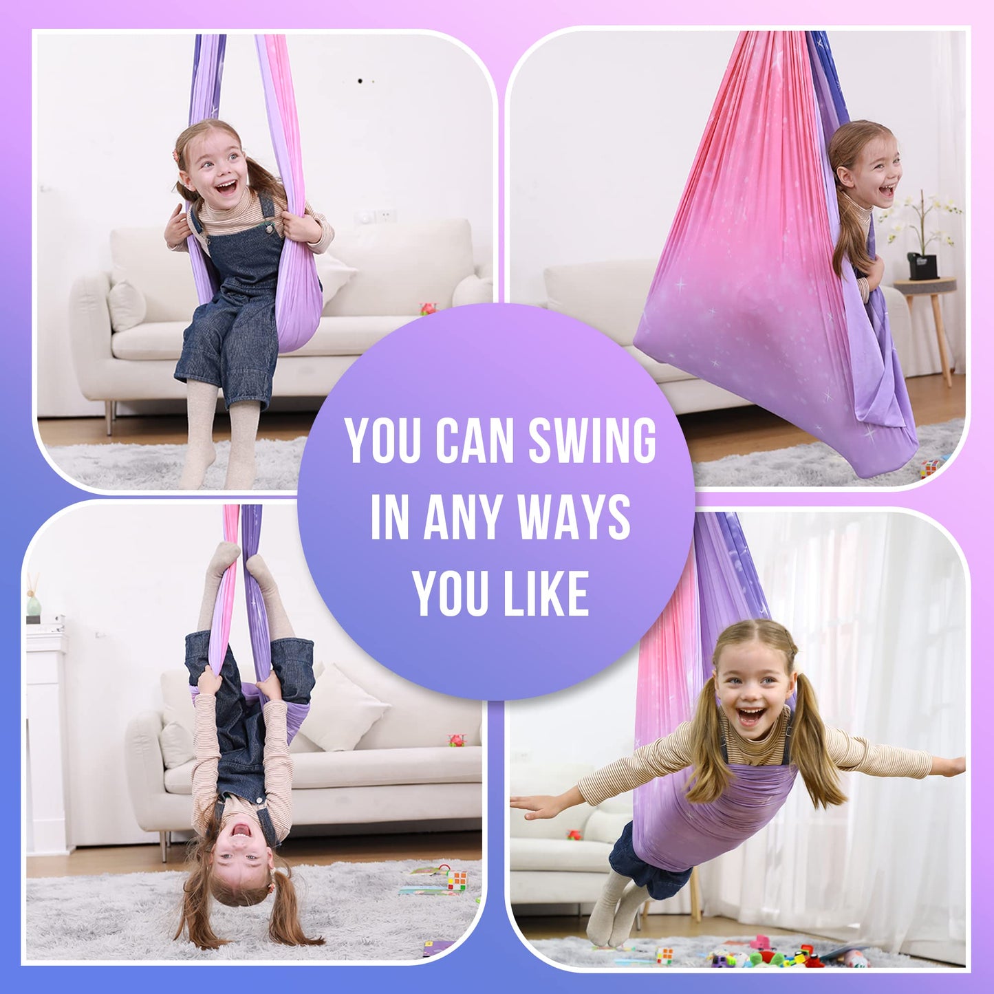 Sensory Swing, Indoor & Outdoor Sensory Swing for Kids & Adults, Double Layer Therapy Cuddle Swing for Kid with Autism, Holds up to 300lbs, Pink