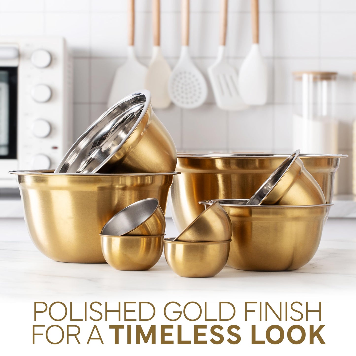 COOK WITH COLOR 18 Piece Mixing Bowls Set with Airtight Lids, Stainless Steel Bowl Organizers, Food Storage Containers, Meal Prep, Nesting Salad Bowls For Cooking, Baking, Kitchen Use, Gold