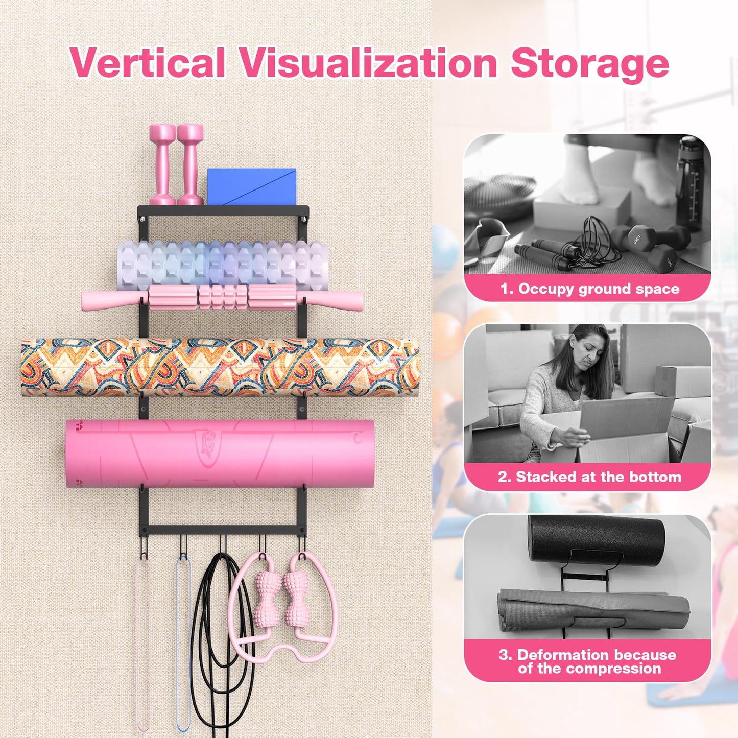 Inlisy Yoga Mat Holder Wall Mount, 4-Tier Iron Yoga Mat Rack Wall Mount Organizer, Heavy Duty Gym Wall Storage for Multiple Mats, Easy Install Space Saving