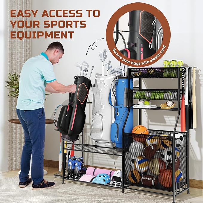 Garage Sports Equipment Organizer,3 Golf Bags Storage Stand,Heavy-Duty Ball Storage Rack with Basket and Hooks,Space-Saving Design for Toy Sports Gear Storage Indoor/Outdoor Use (Black)