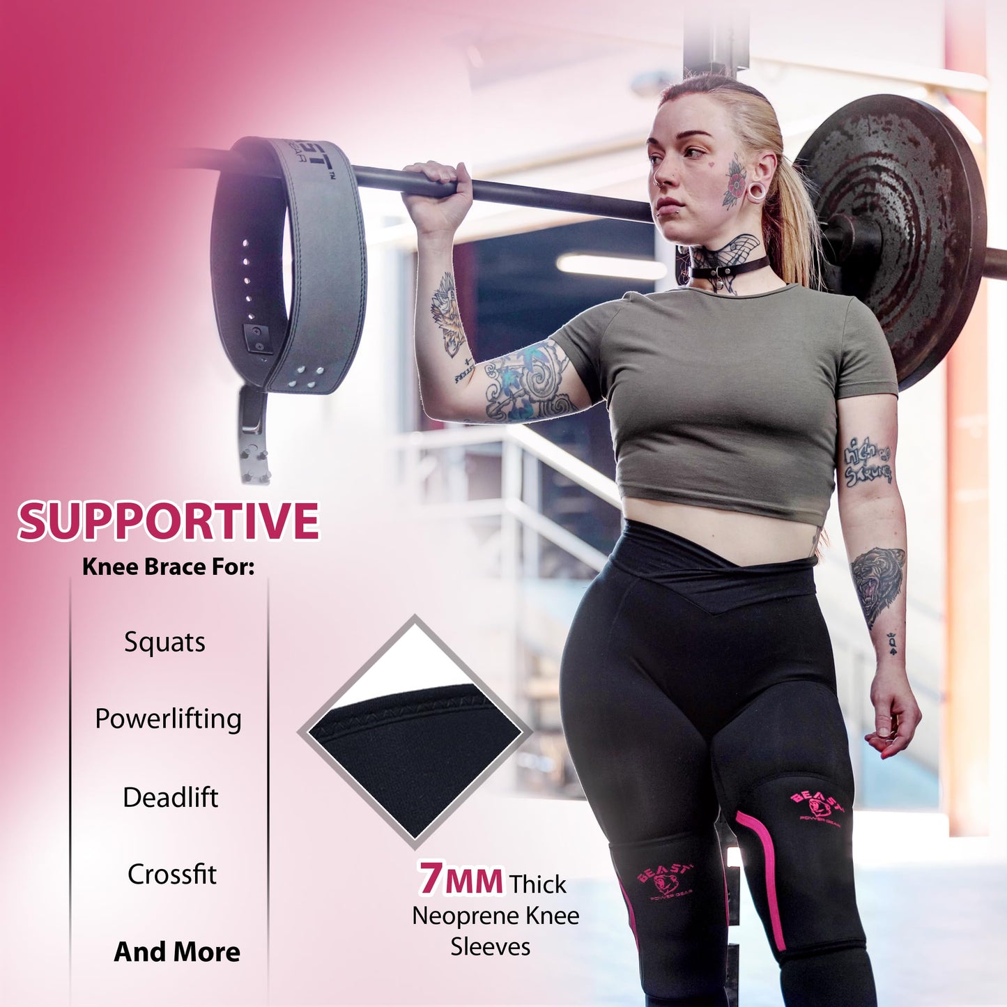 Beast Power Gear Neoprene Compression Knee Sleeves 7MM Support for Squats, Gym CrossFit Training, Powerlifting, Weightlifting, Wrestling for Men & Women (Black/Pink, Small)