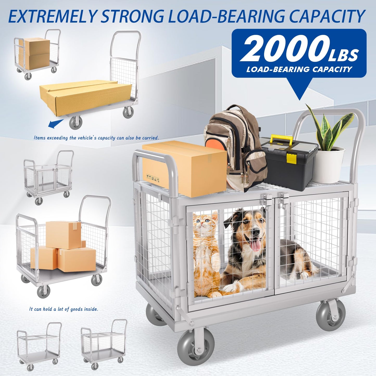 Upgrade Platform Truck with Cage, Mutipurpose 7-in-1 Heavy-Duty Utility Cart,2-Door Design Foldable Flatbed Cart with Industrail Wheels, Rmovable Fence, Load 2000lbs for Grocery/Laundry/Stall/Storage