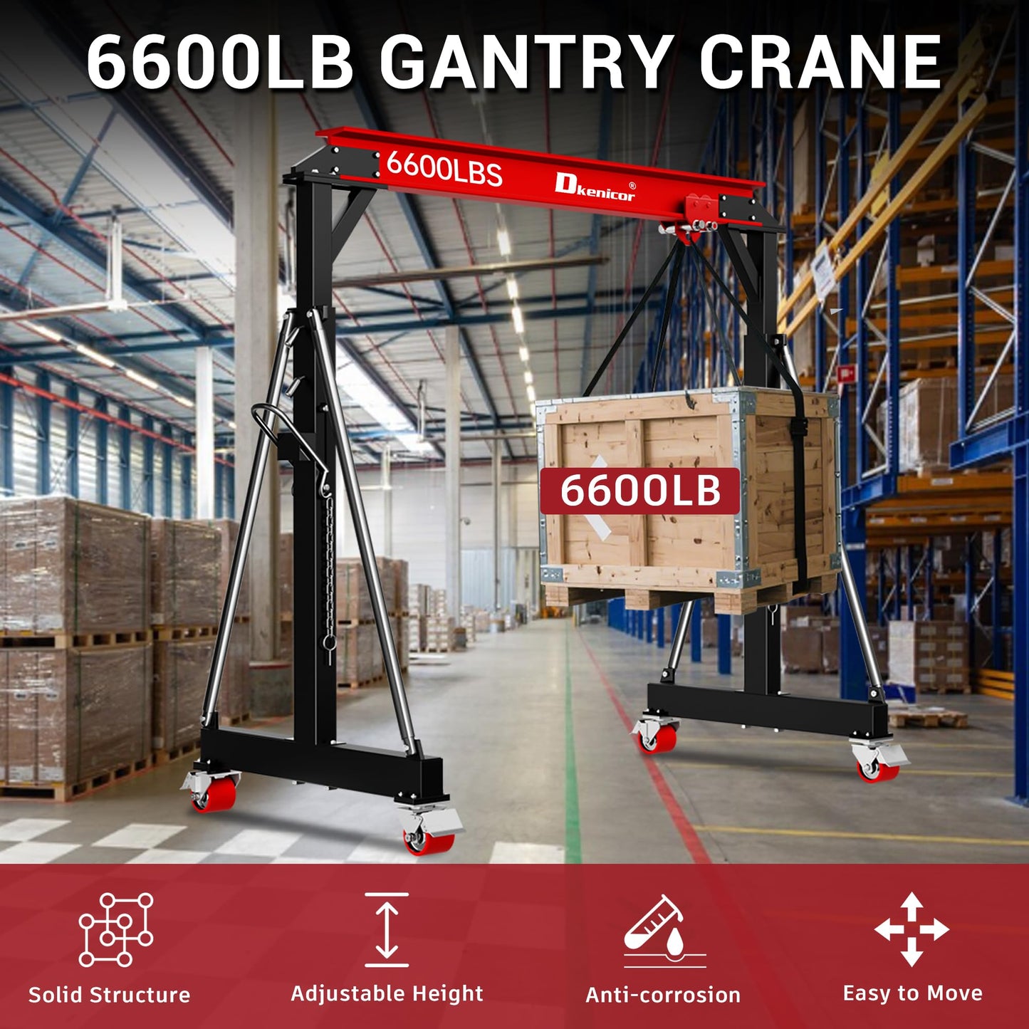 Dkenicor 3 Ton 6600Lb Gantry Crane, 8.53FT Maximum Width, 8.53-12.47ft Adjustable Height, Portable Shop Lift Hoist with 3 Ton Manual Trolley, Red
