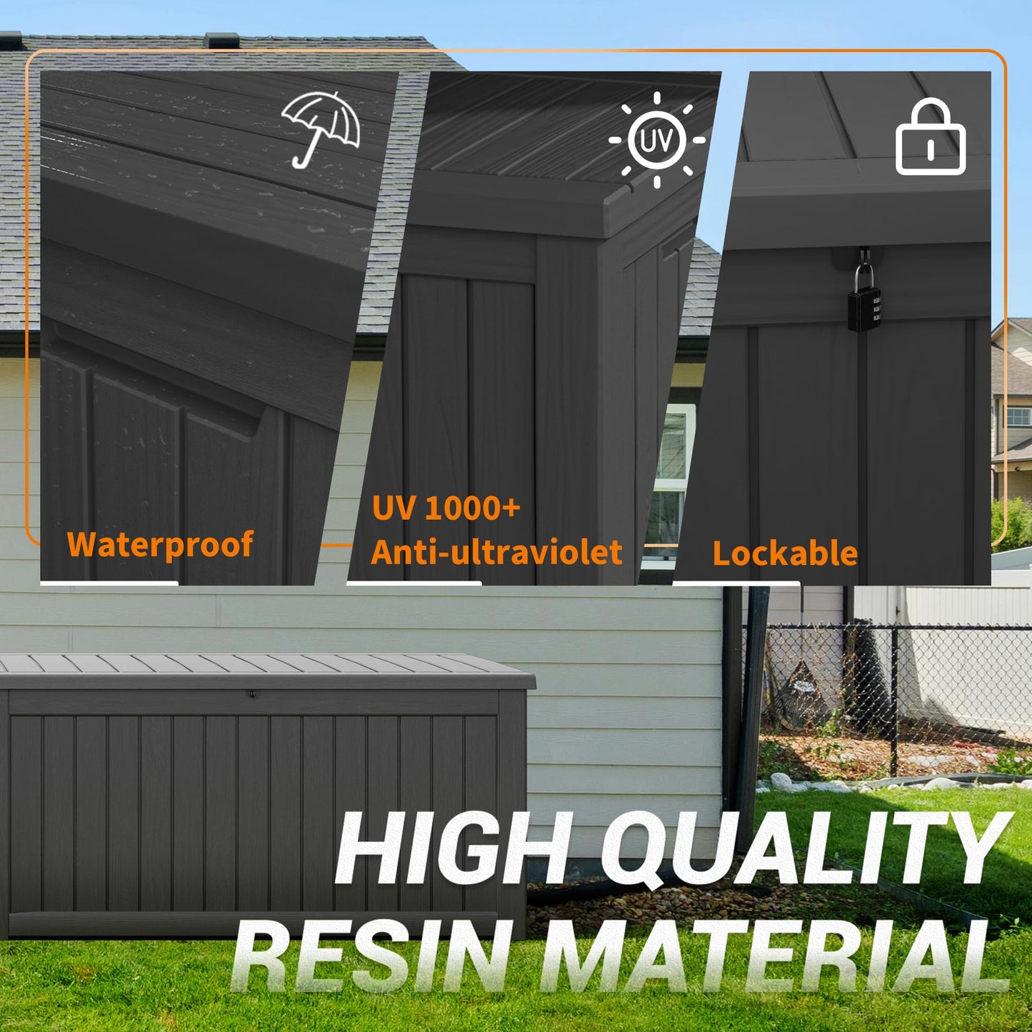 WTFGO 150 Gallon Outdoor Storage Box, Resin Deck Boxes Outdoor Waterproof For Patio Furniture, Garden Tools, Pool Supplies, Lockable And UV Resistant (Striped Black)