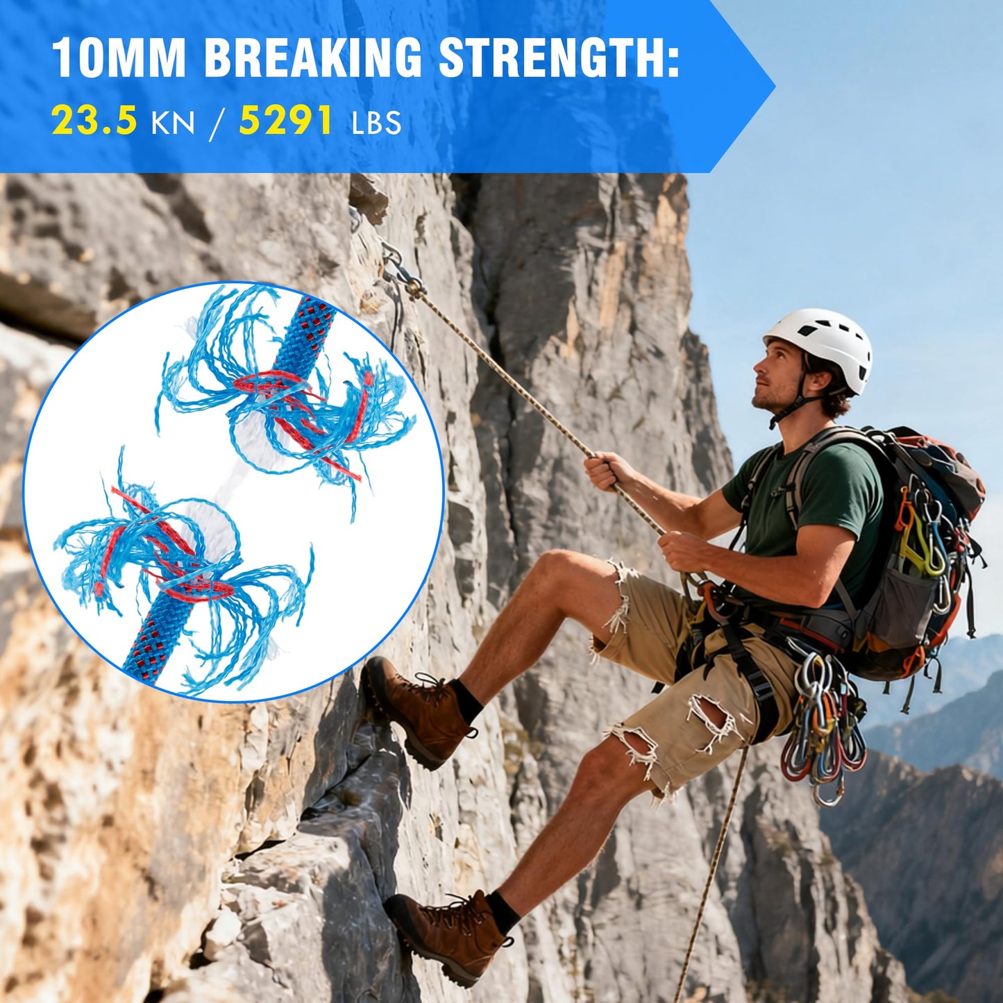Hopeseily Static Rock Climbing Rope, 10mm x 64FT Arborist Rope with 2 Heavy Duty Carabiners, Rappelling Rope for Outdoor Hiking Camping Tree Work Caving Fire Rescue Safety Escape Parachute