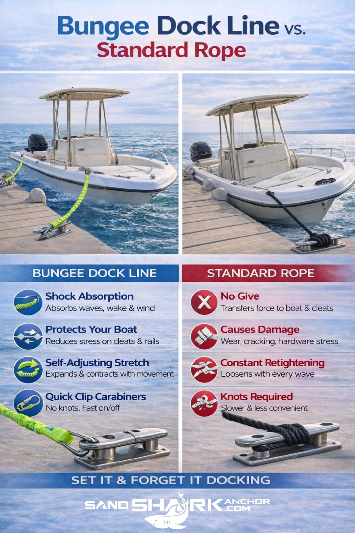 SandShark Premium Flat Bungee Dock Line – Stretches 4-7 FT - Boat & Jet Ski Dock Lines with Stainless Steel Carabiners – Shock Absorbing Mooring Rope for PWC, Boats & Pontoons. Blue