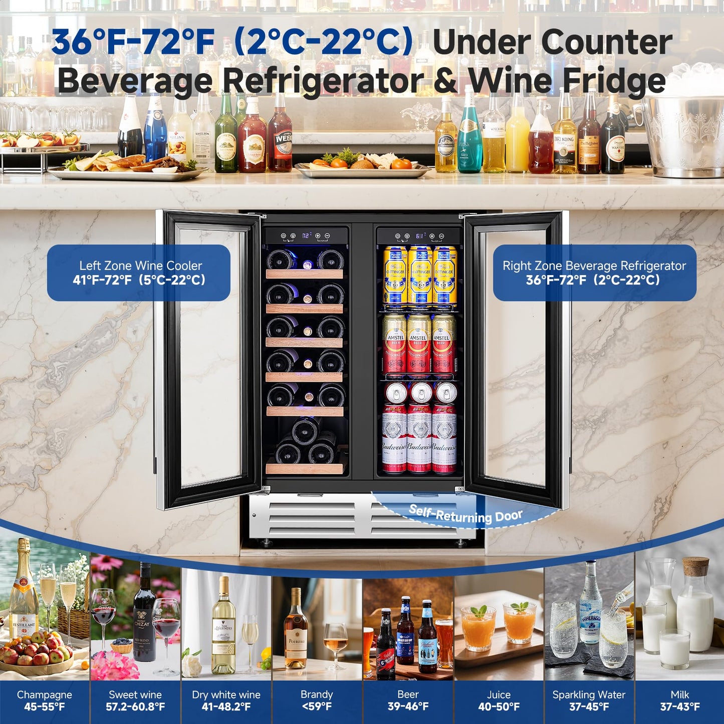 BODEGA COOLER Wine and Beverage Refrigerator, 24 Inch Dual Zone Wine Fridge, Holds 20 Bottles and 74 Count, French Doors, Under-counter or Freestanding Wine Cooler, Beverage Fridge with Tempered Glass