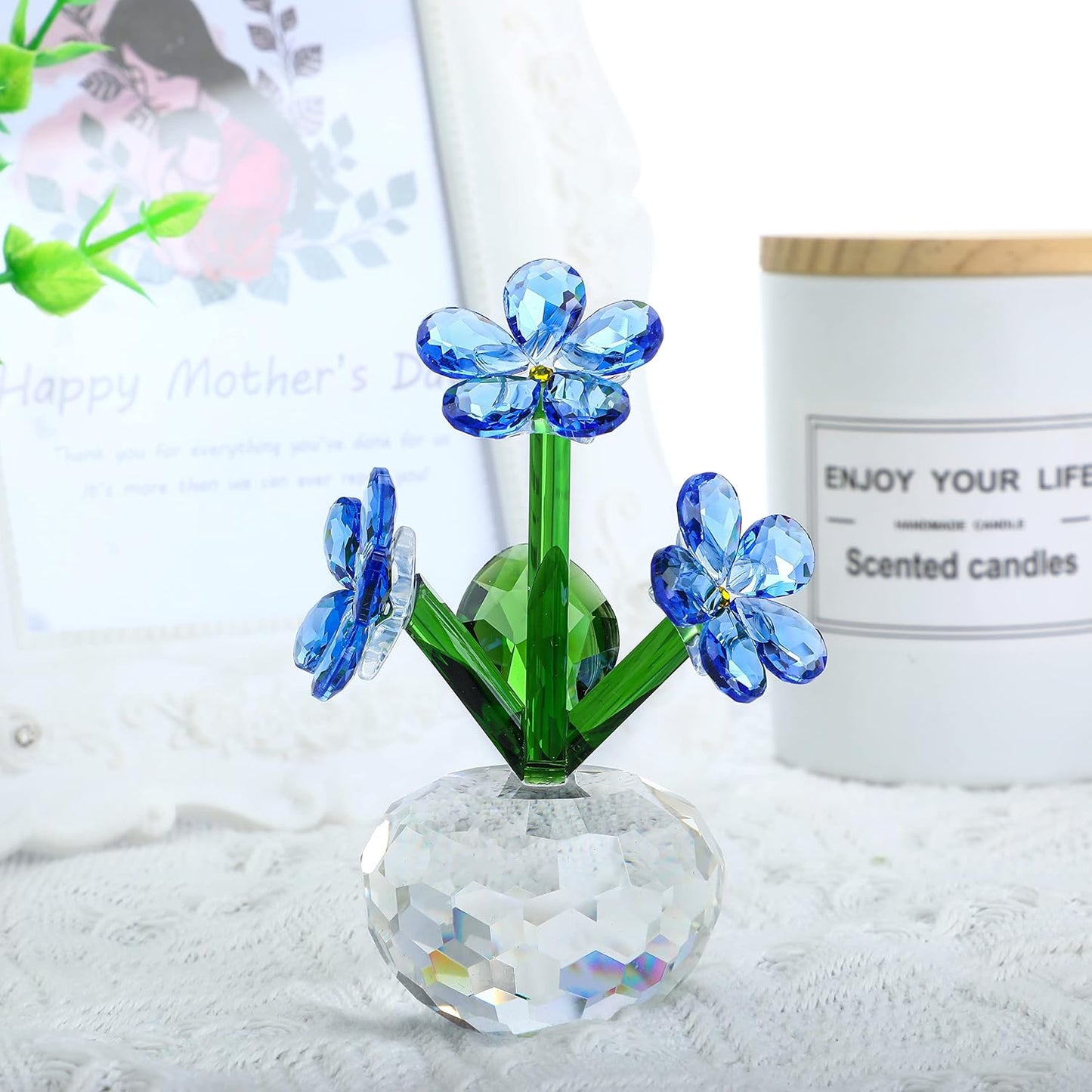 QFkris Crystal Flower Figurines - Forget-Me-Not Blue Flowers | Elegant Table Decor & Souvenir Gift