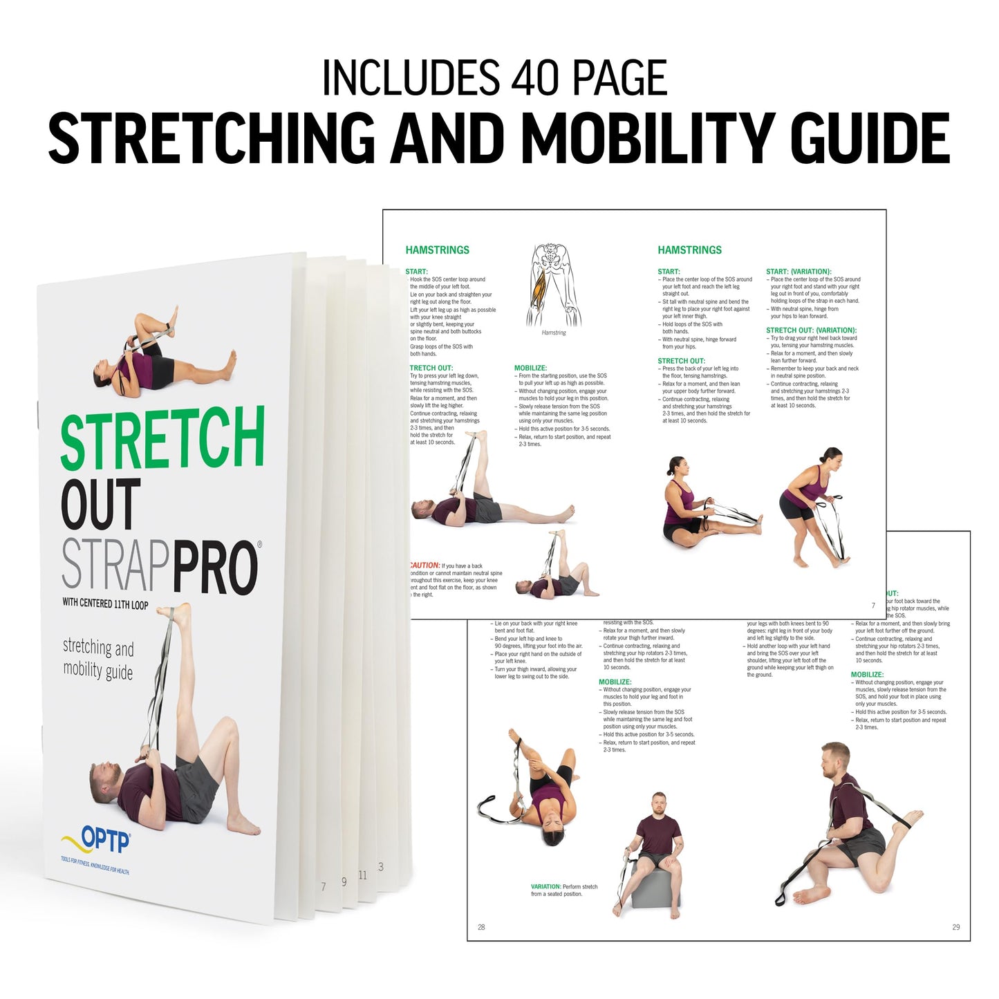 OPTP Stretch Out Strap Pro with Stretching Exercise Book, 11 Loop Stretching Strap for Yoga and Pilates, Physical Therapy Strap for Leg and Knee Recovery. Made in the USA