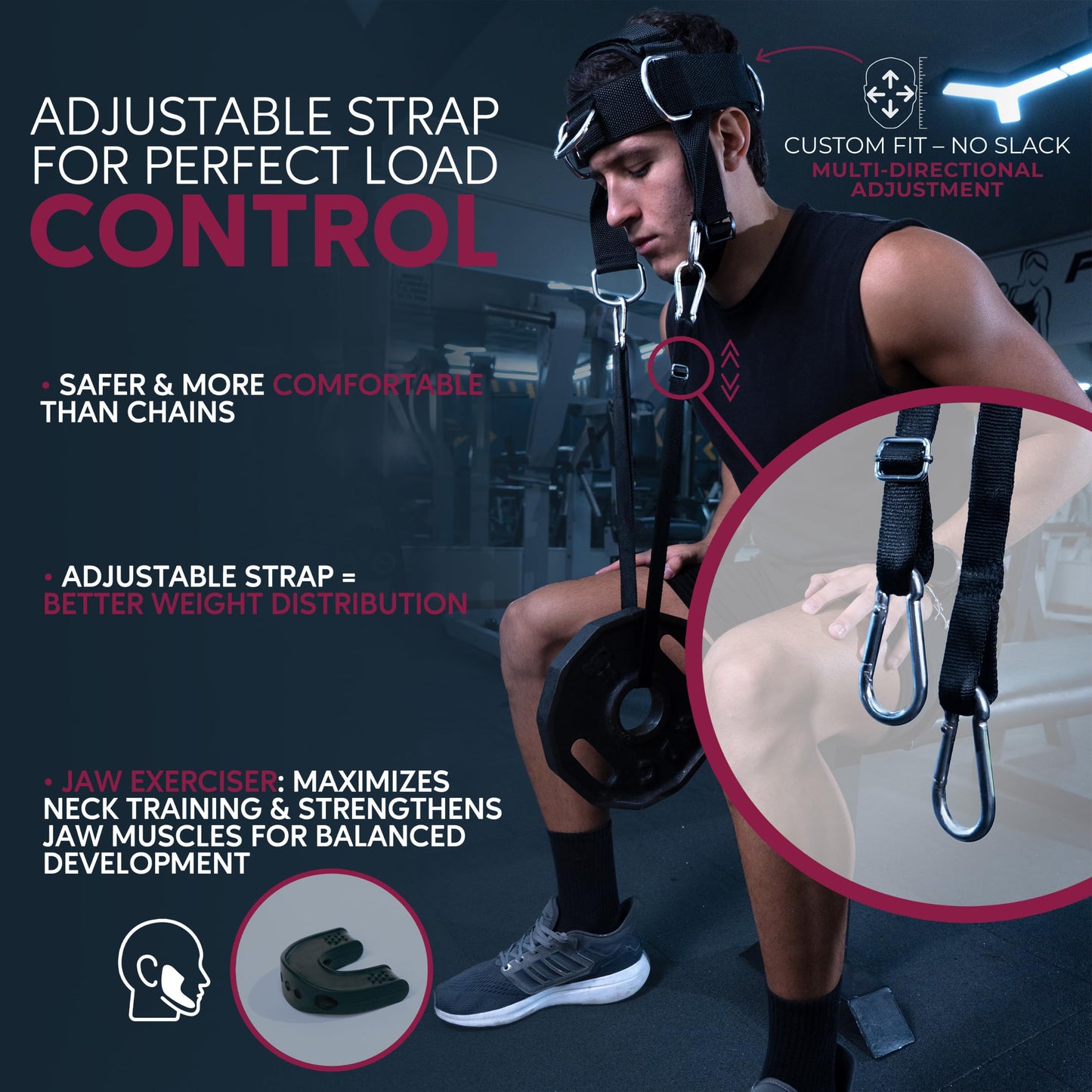 ALKYRIA Neck Harness Weight Lifting Trainer - Adjustable Neck Exerciser & Strengthener for Gym, Boxing, and Home Training - Padded Head Harness with Bonus Jaw Exerciser & Mesh Bag