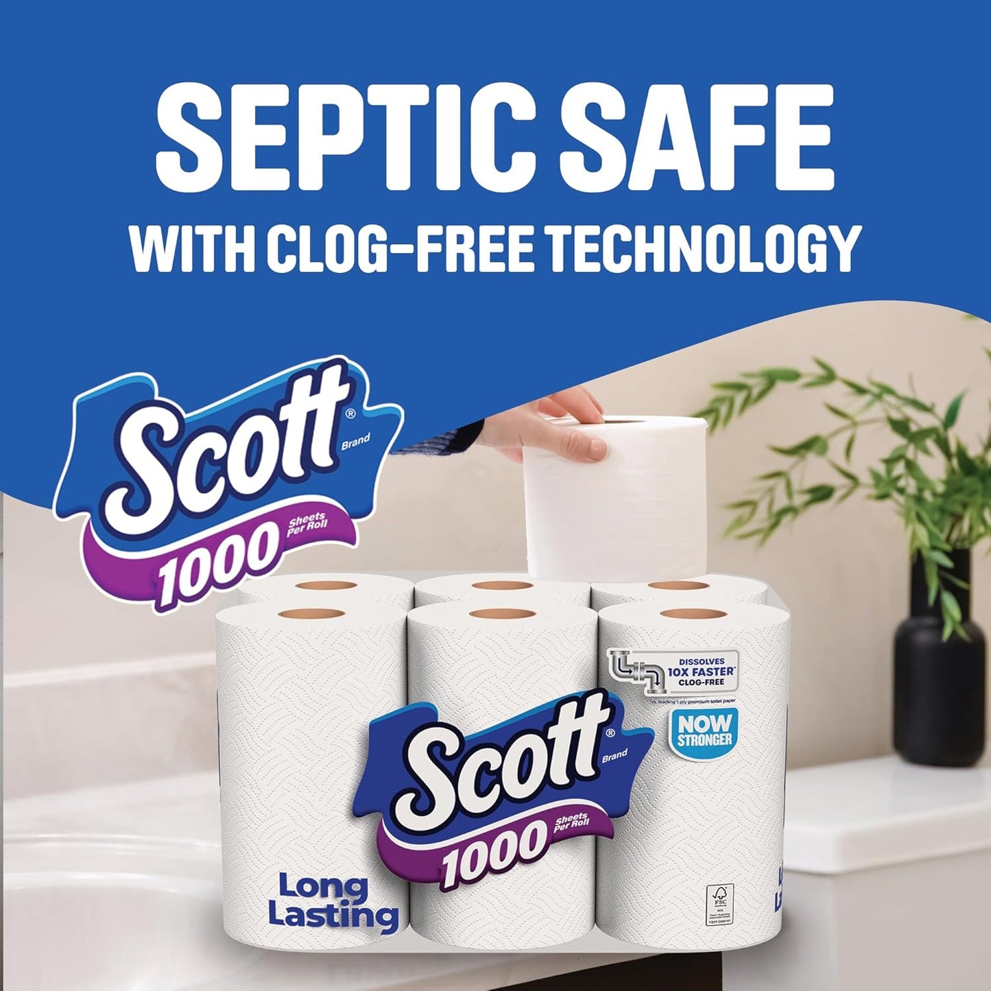 Scott 1000 Toilet Paper - Septic-Safe 1-Ply Tissue | 8 Rolls for Long-Lasting Use