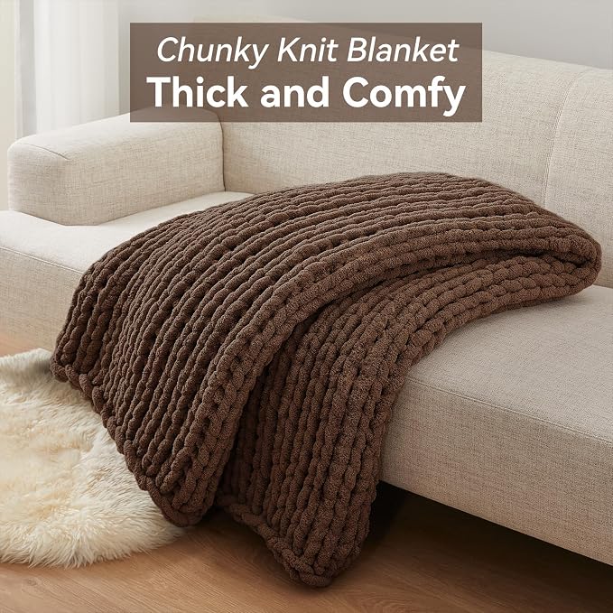Negwoo Chunky Knit Throw Blanket, 50''*60'' Knitted Throw Chenille Yarn for Bed Couch, Handmade Dark Brown Crochet Big Thick Blanket, Machine Washable Cute Comfy Blanket for Home Decor