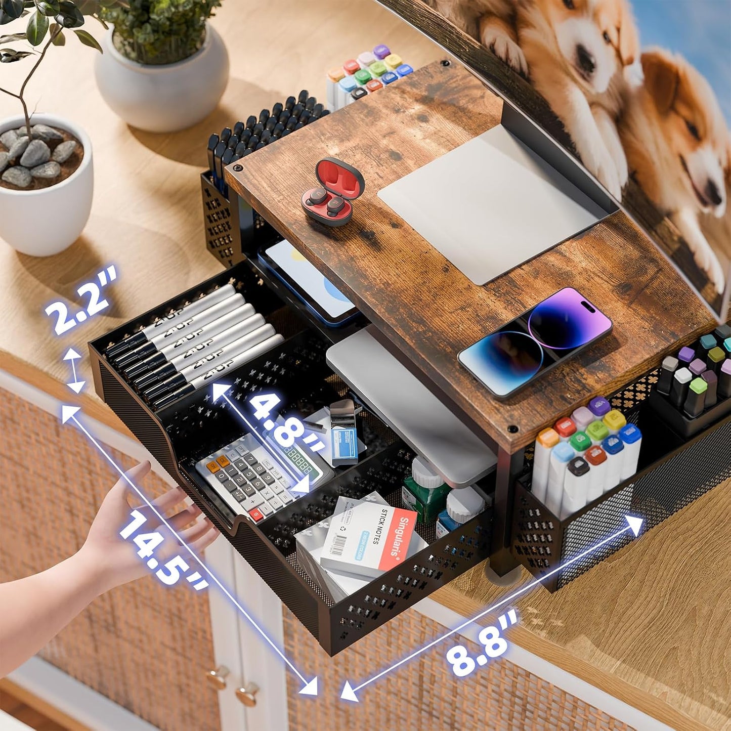 2 2-Tier Simple Trending Desk Organizers and Accessories, Computer Monitor Stand Riser with Drawer and Pen Holders