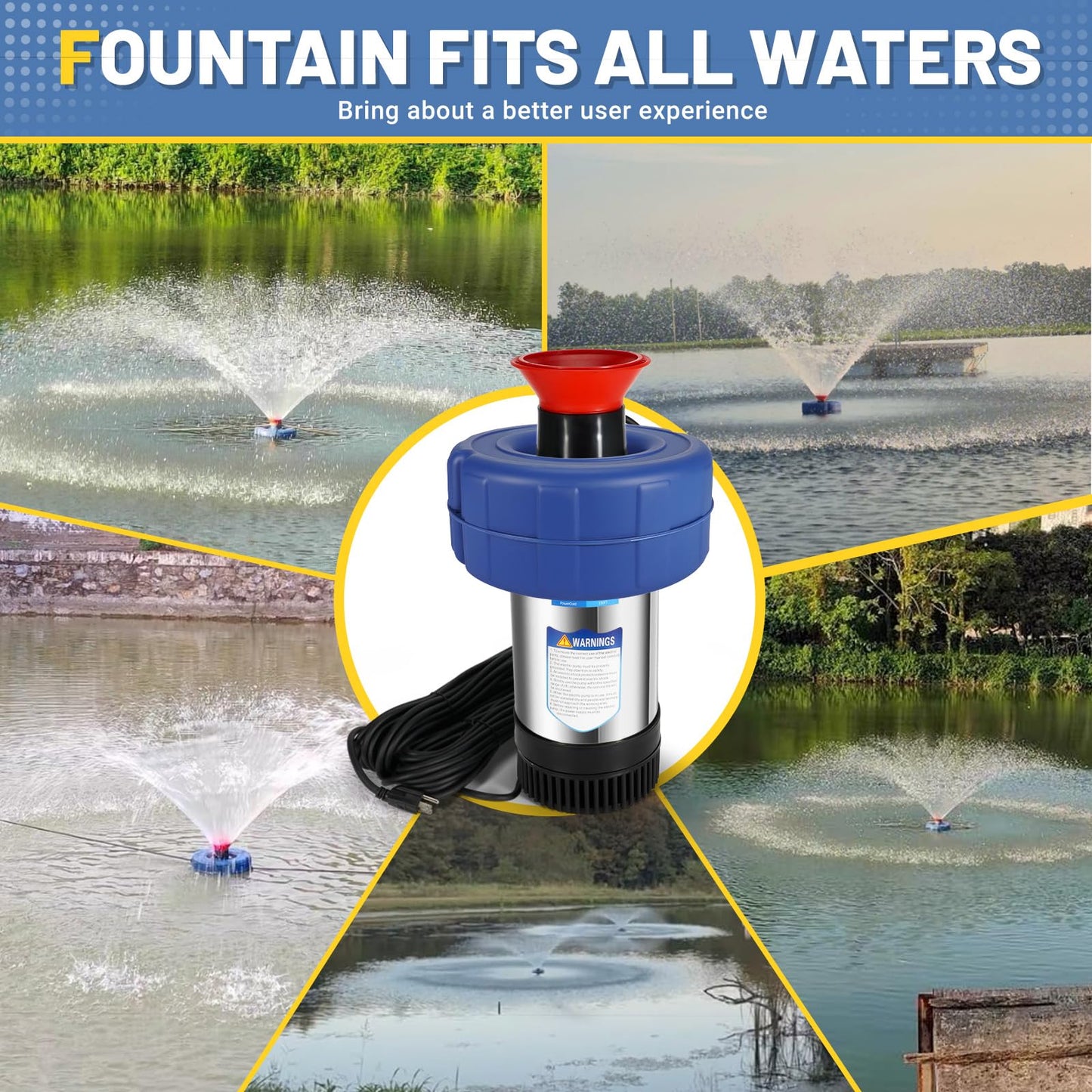 Ytrica Pond Aerator Fountain, 15000 GPH 1HP 110V 750W Floating Fountain Pump, Fit for Large Small Outdoor Ponds Lakes - with 100 Feet Power Cord & Timer Fully Automatic Stainless Steel Aerator