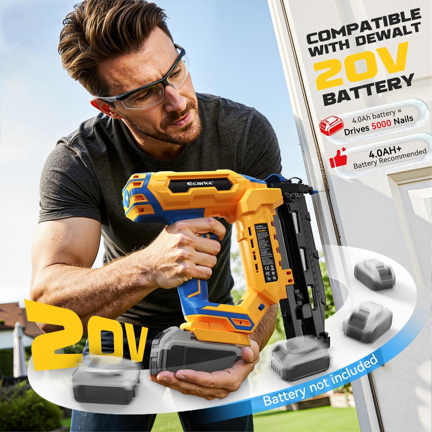 Ecarke Finish Nailer 16 Gauge Compatible with Dewalt 20V Battery, 3/4 to 2-1/2 Inch Cordless Straight Brad Nailer, Tool-Free Adjustment, Dual Firing Modes Nail Gun for Finish Work,Tool Only, 5.7 lbs