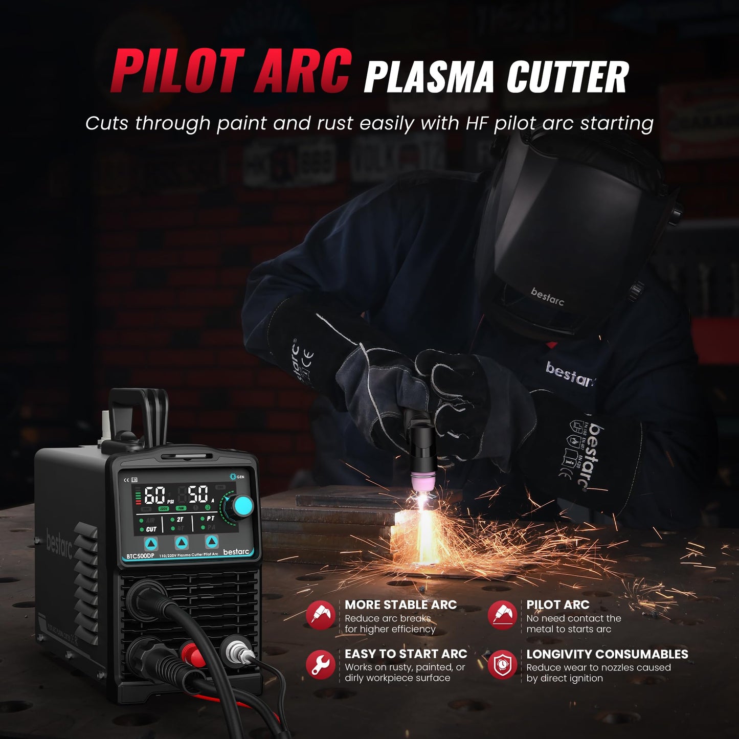 bestarc Pilot Arc Plasma Cutter, [LED Display][Air Sensor] 50A Plasma Cutter Machine 110/220V Dual Voltage, 1/2'' Clean Cut 3/4 Inch Max Cut, Post Flow Mesh, 2T/4T for Beginners DIY, Black