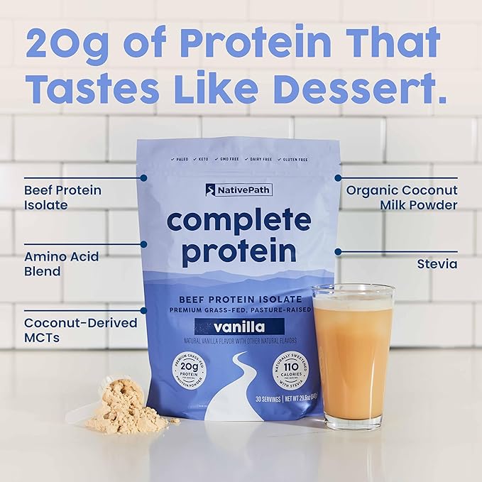 NativePath Complete Beef Protein Powder Isolate ??Grass-Fed, Pasture-Raised, Dairy & Lactose Free, Gluten Free, Zero Sugar, MCTs & Amino Acids ??20g Protein, Vanilla Flavor, 30 Servings